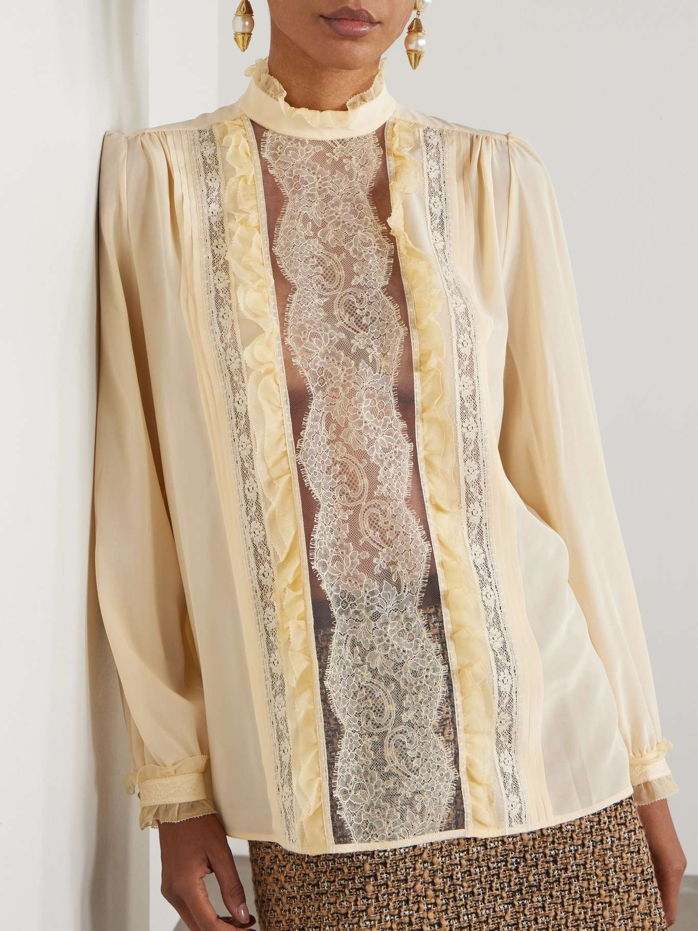 Ruffled pintucked lace-trimmed silk crepe de chine blouse Yellow - 3