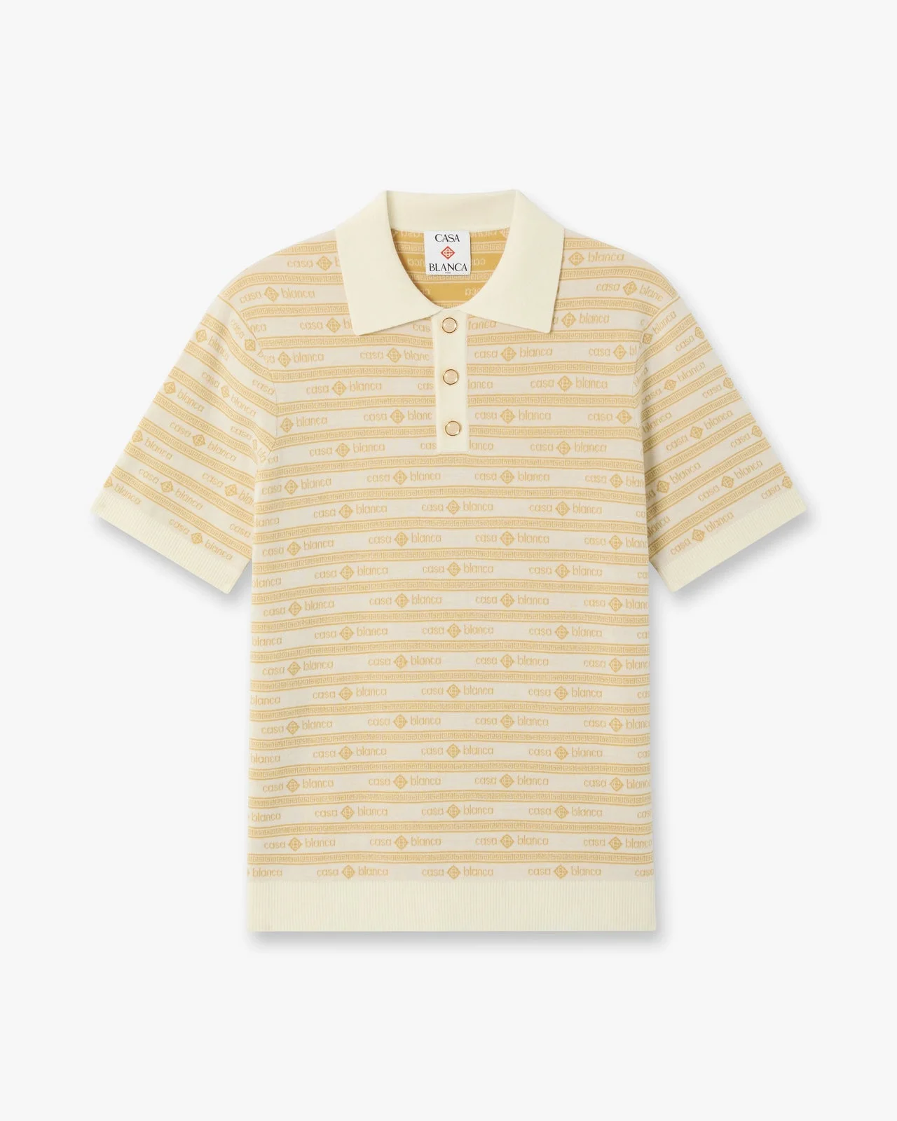 Beige Knit Logo Short Sleeve Polo Shirt - 1