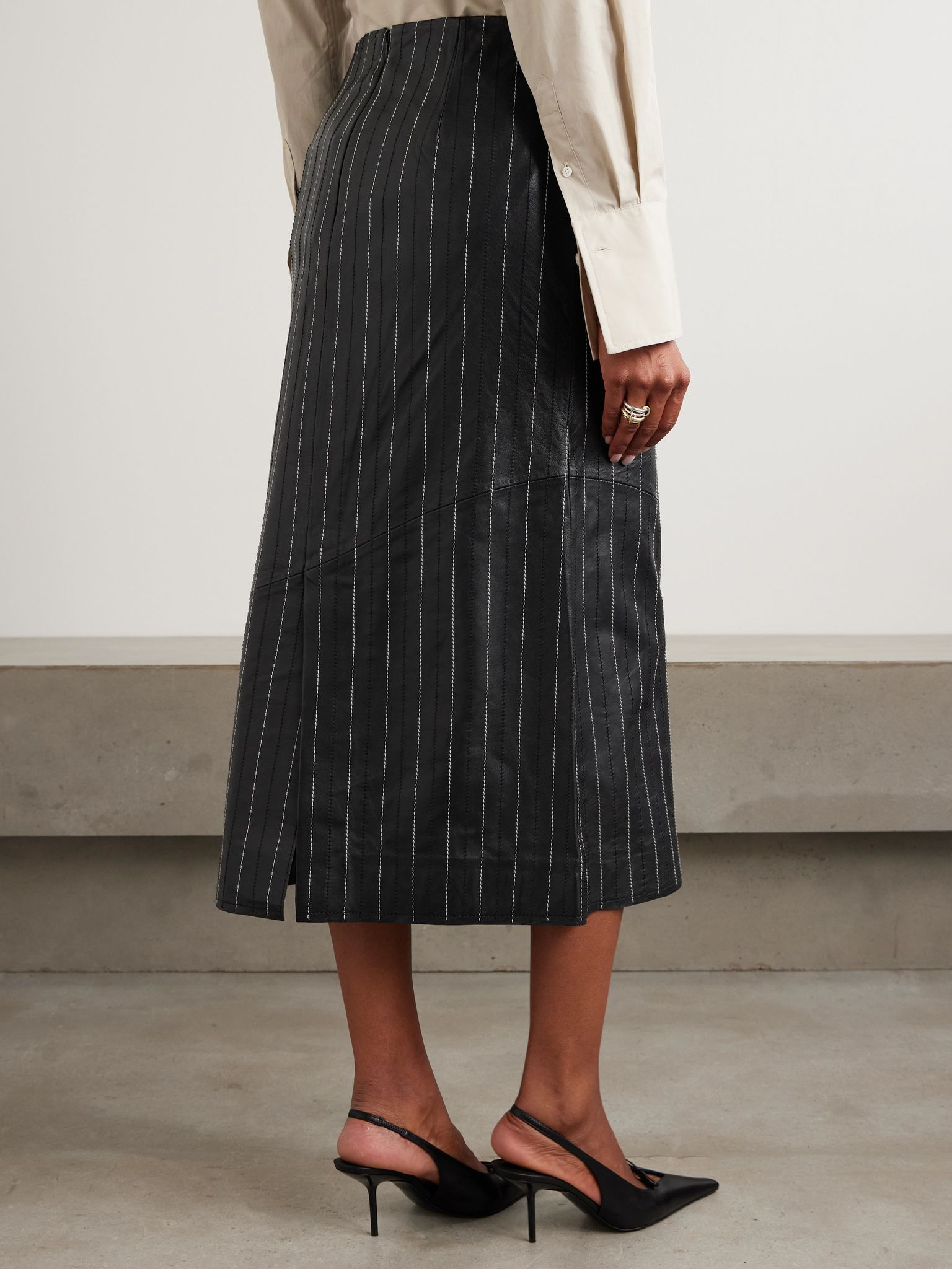 Paneled embroidered pinstriped leather midi skirt Black - 3