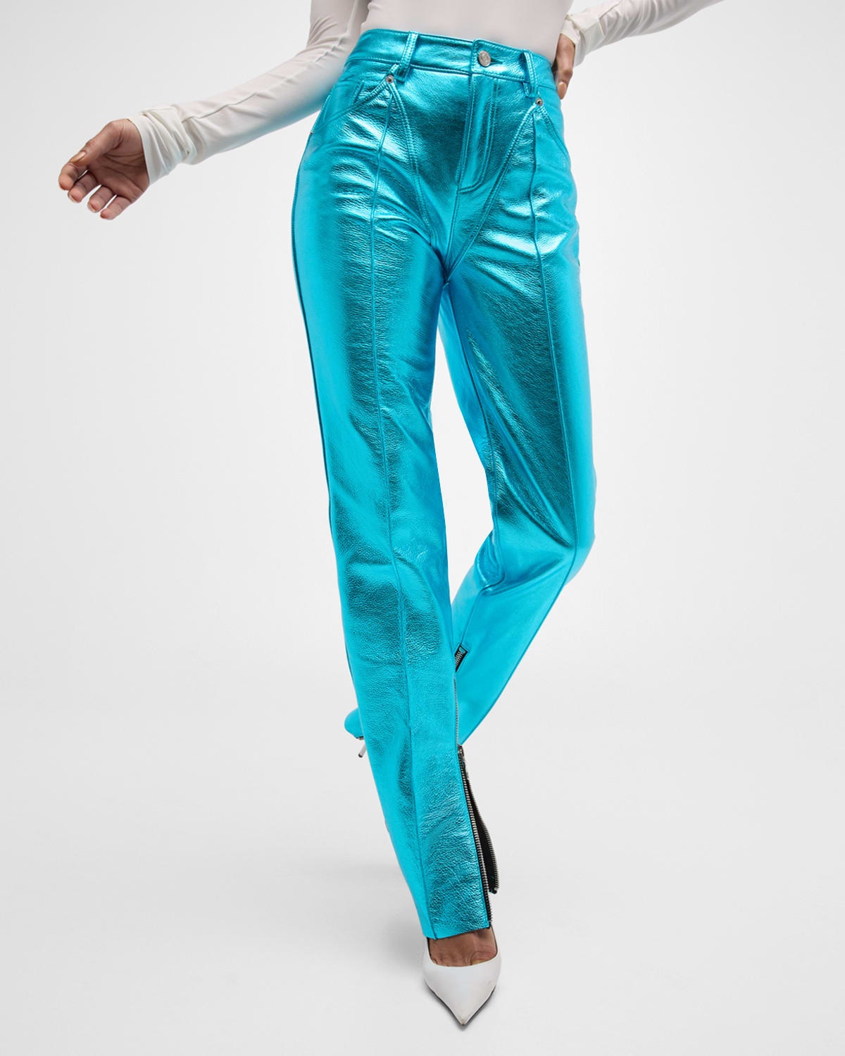 Metallic Leather Chap-Paneled Tapered-Leg Zip-Hem Pants - 7