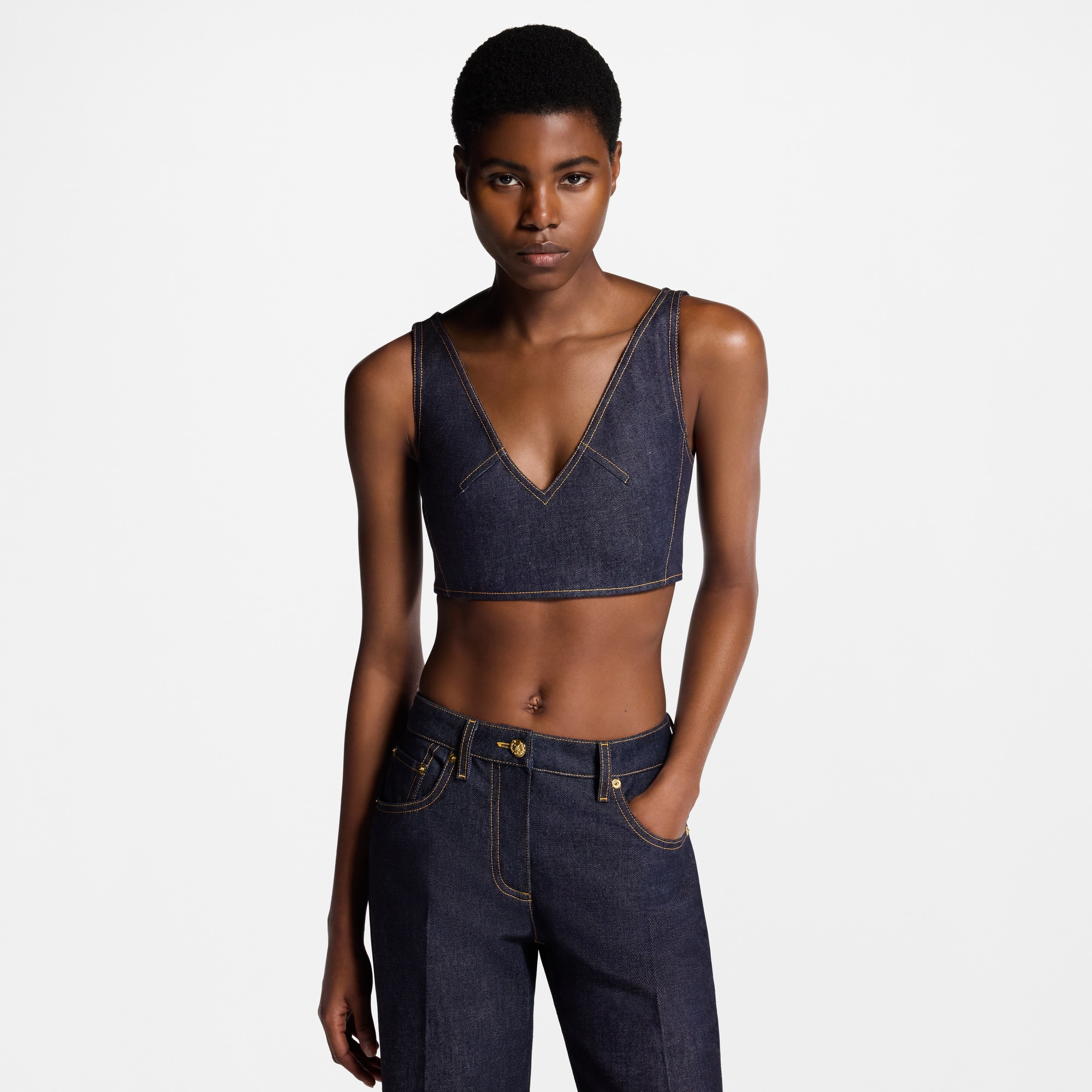 Denim V-Neck Crop Top - 4