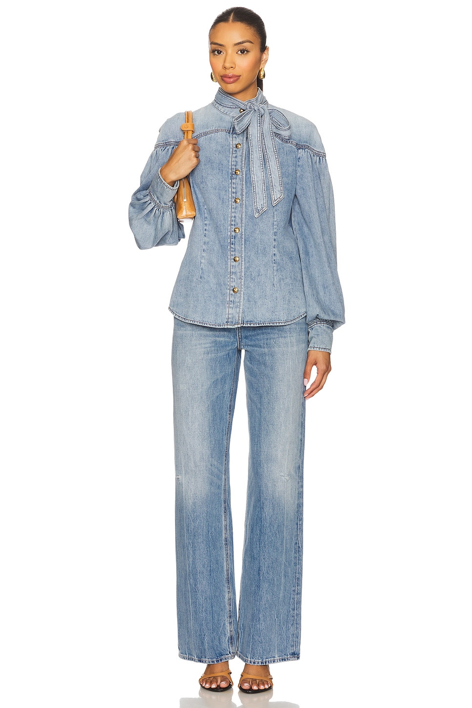 Denim Tie Neck Blouse - 4