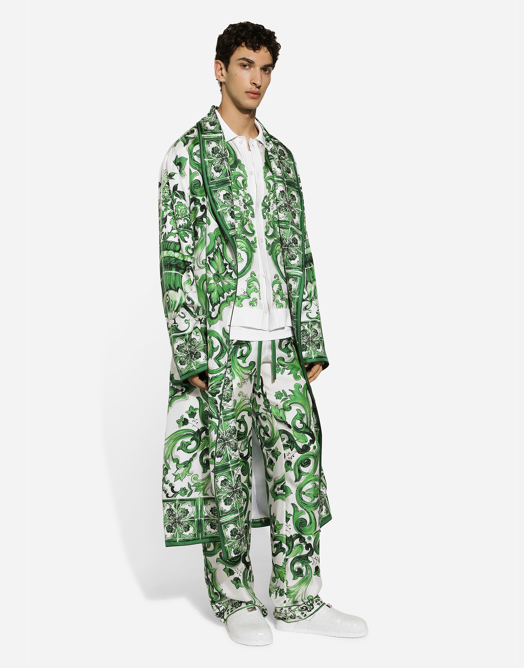 Silk twill robe with majolica print - 6