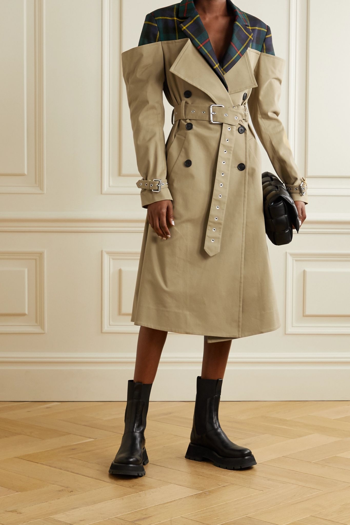 Deconstructed checked wool-twill and cotton-blend gabardine trench coat - 2