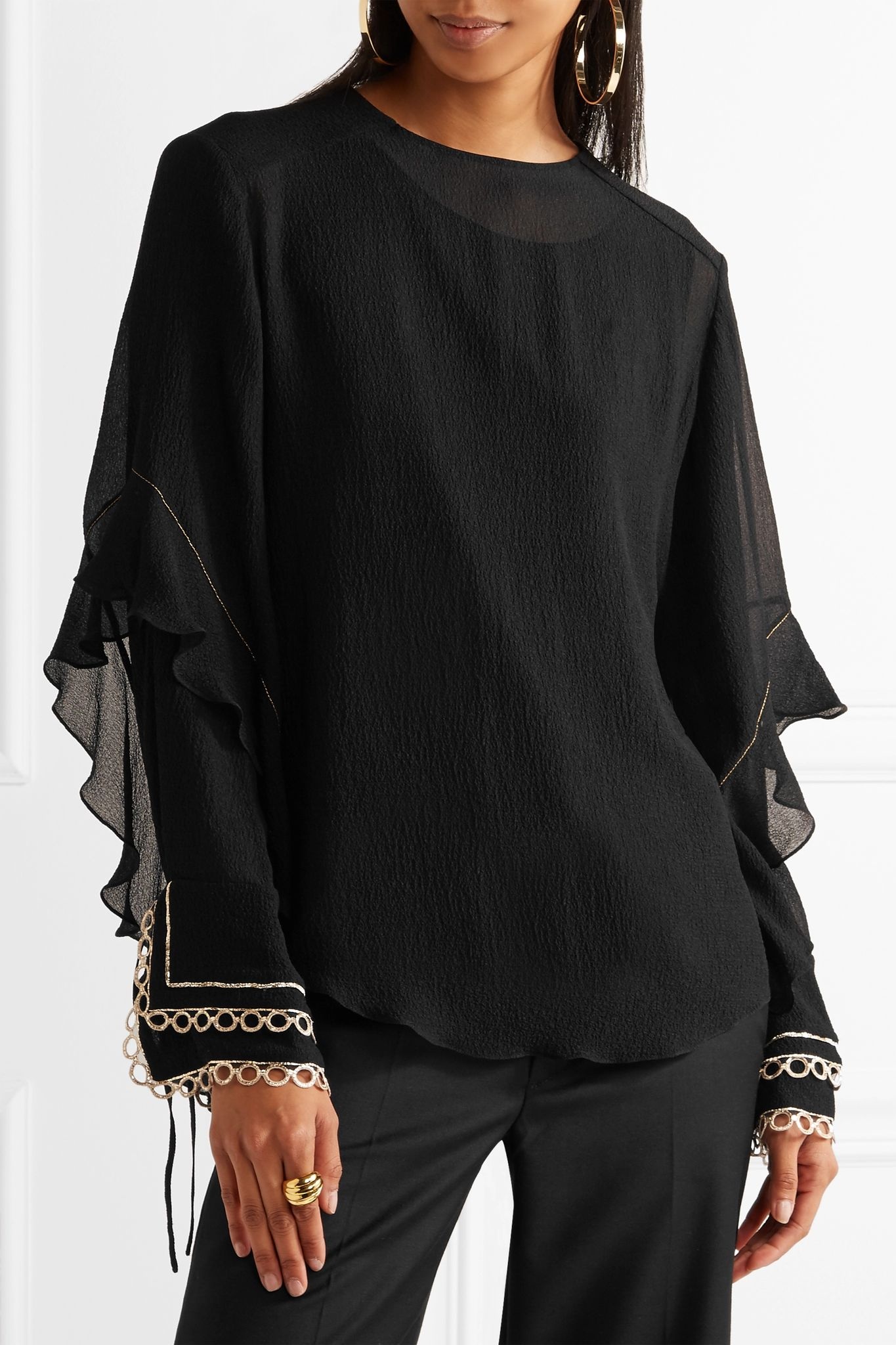 Ruffled metallic-trimmed silk-seersucker blouse  - 3