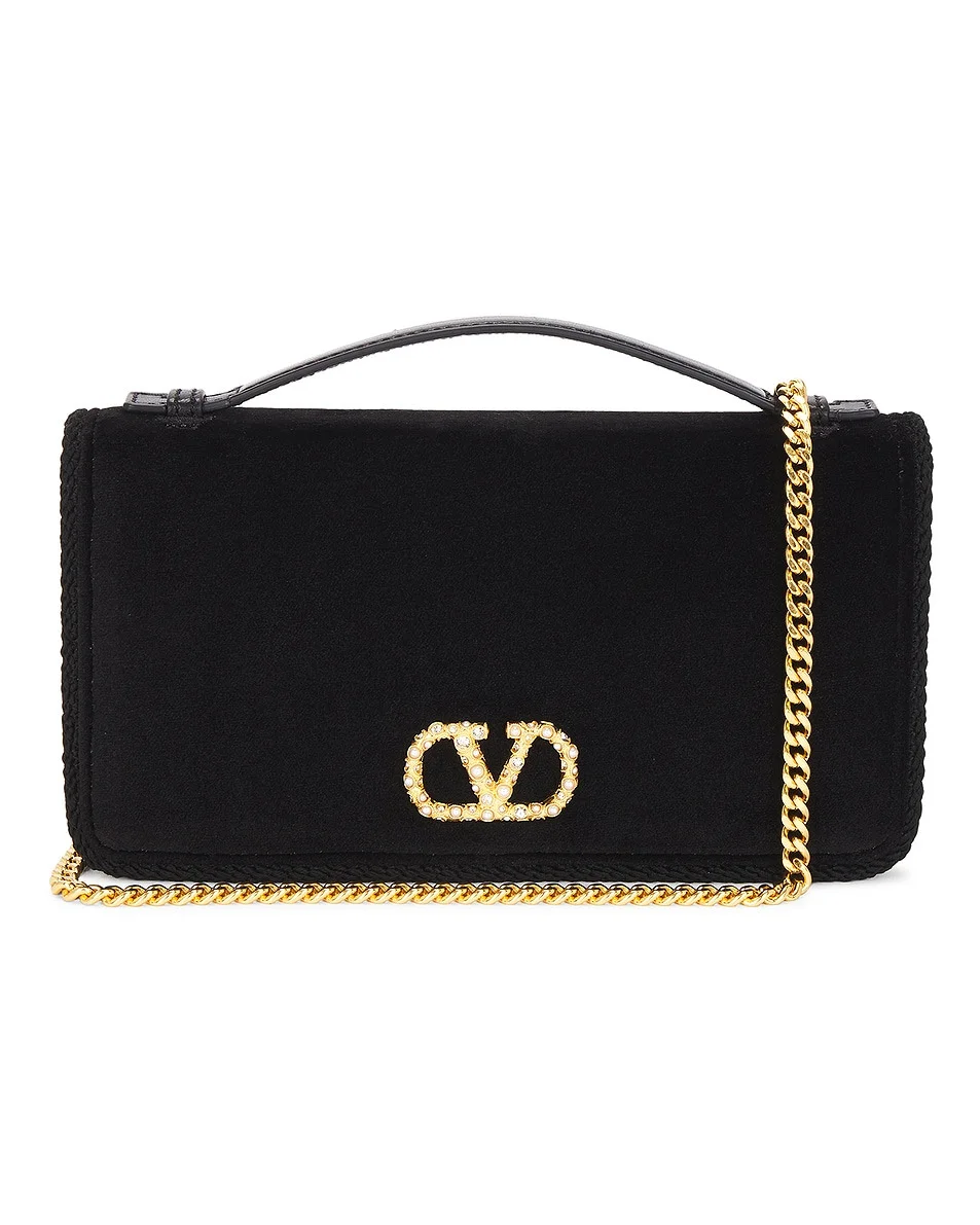 V Logo Velvet Wallet With Strap - 1