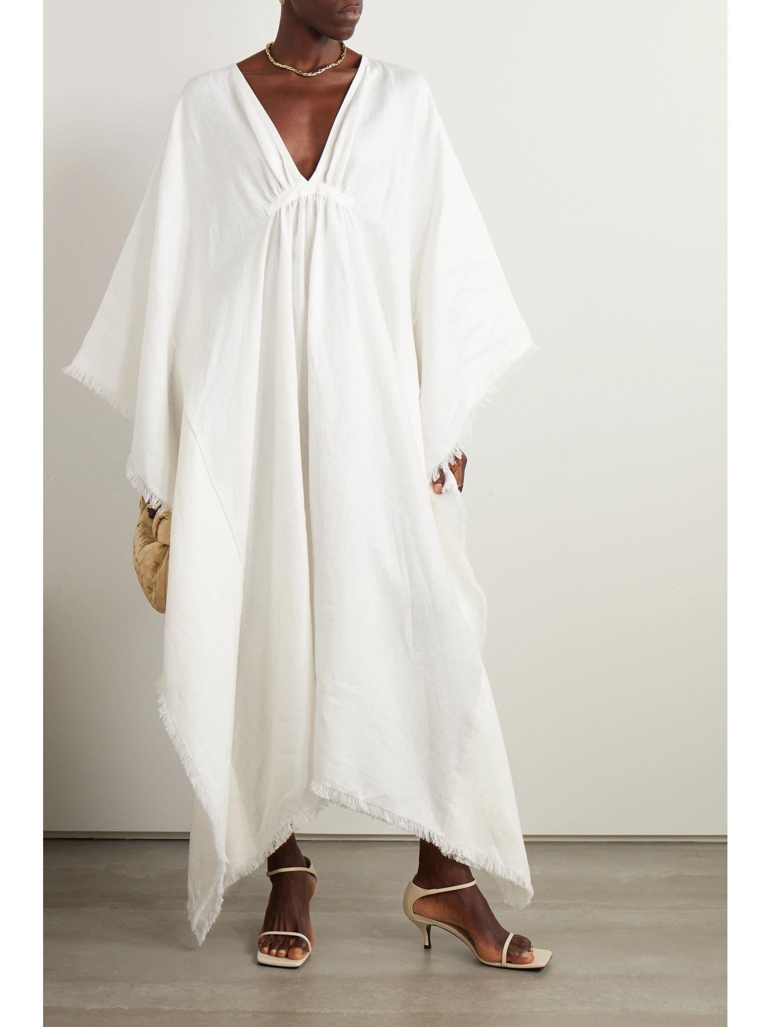 Gloria frayed gathered linen maxi dress Off-white - 2