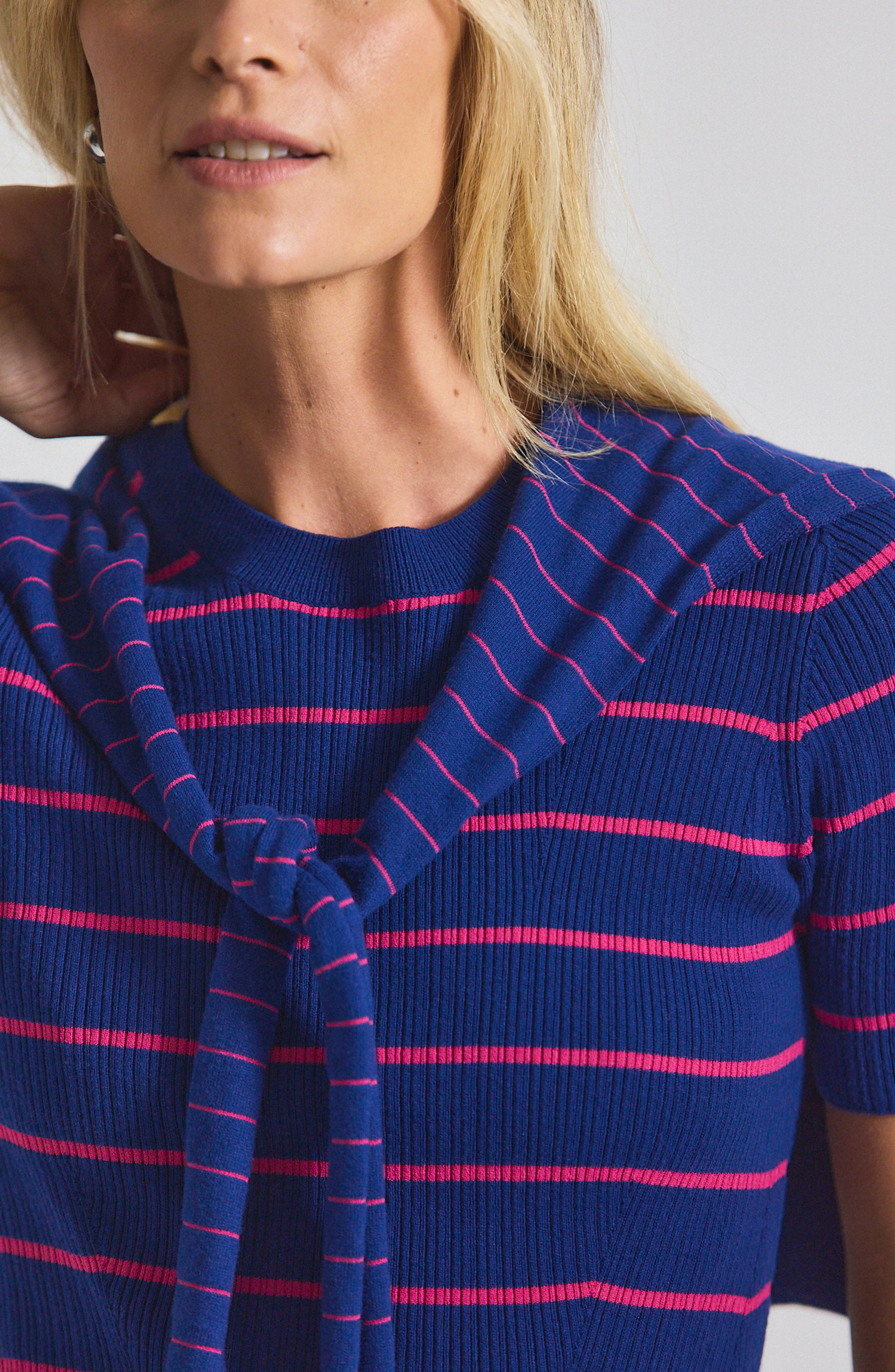 Derek Lam 10 Crosby Twain Stripe Short Sleeve Sweater With Detachable Shrug in Navy/Raspberry at Nor - 4
