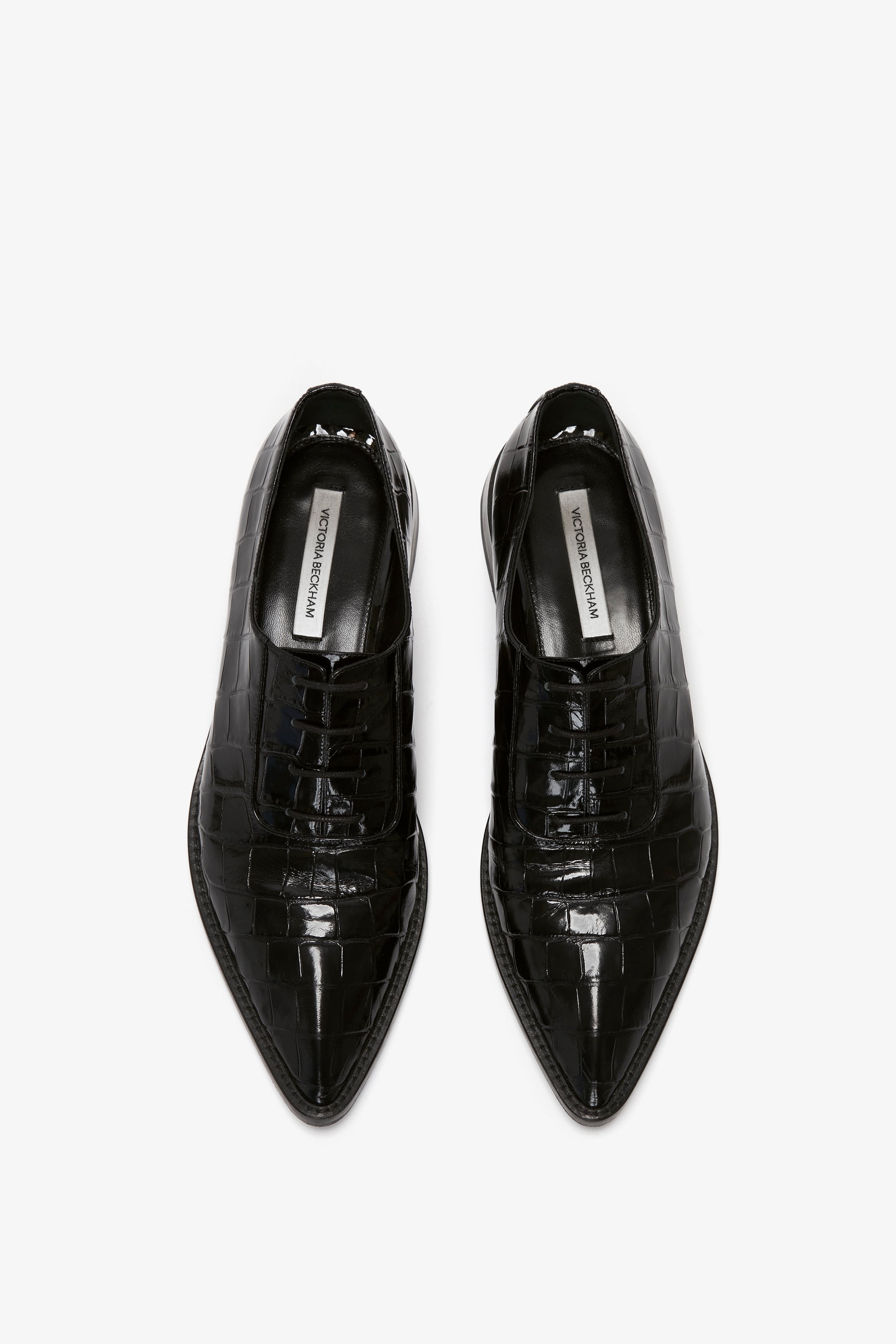Pointy Toe Flat Lace Up In Black Croc-Effect Leather - 4