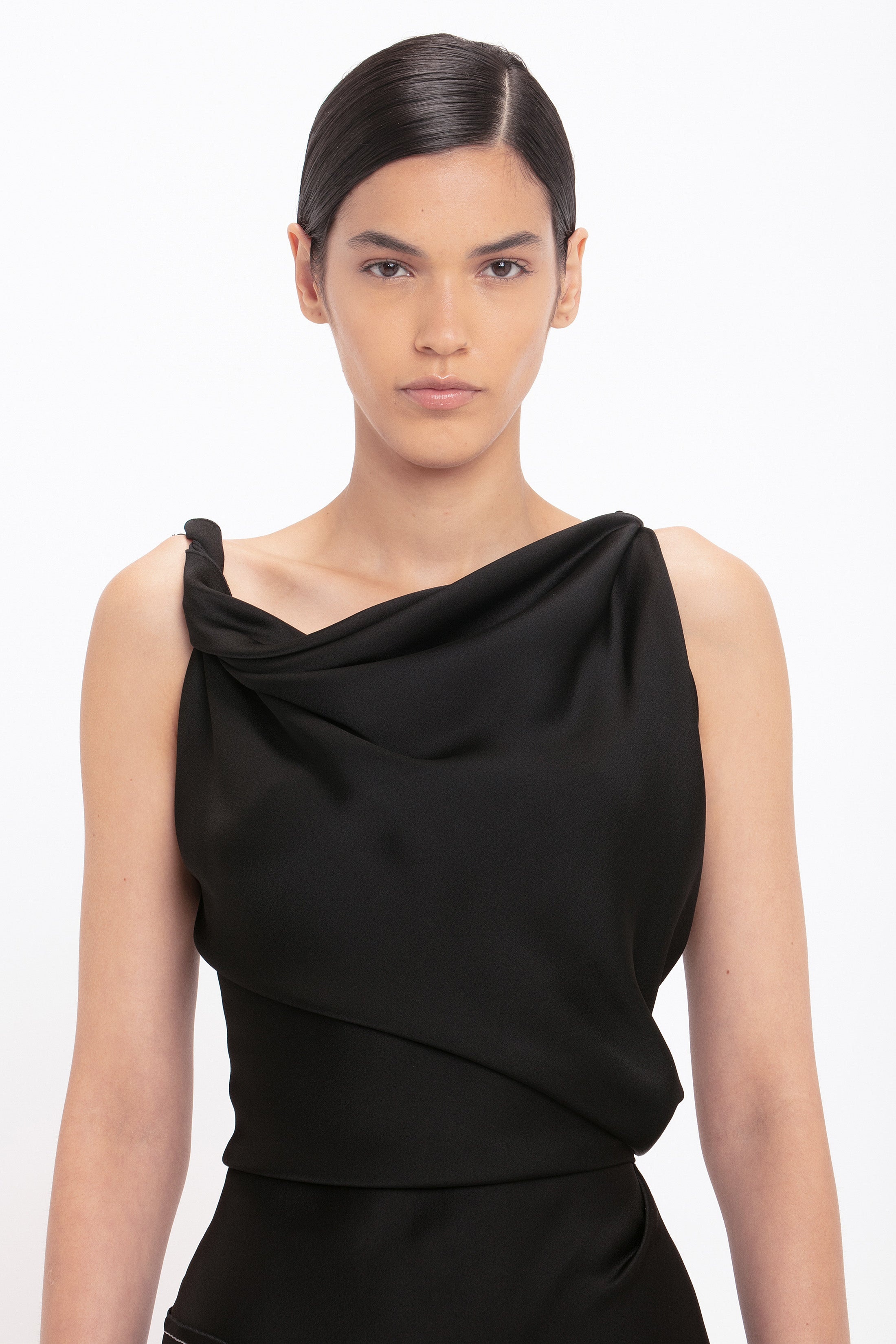 Asymmetric Draped Midi Dress In Black - 5