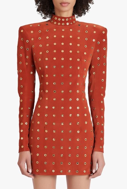 Balmain x Netflix -Short terracotta and golden suede dress - 5