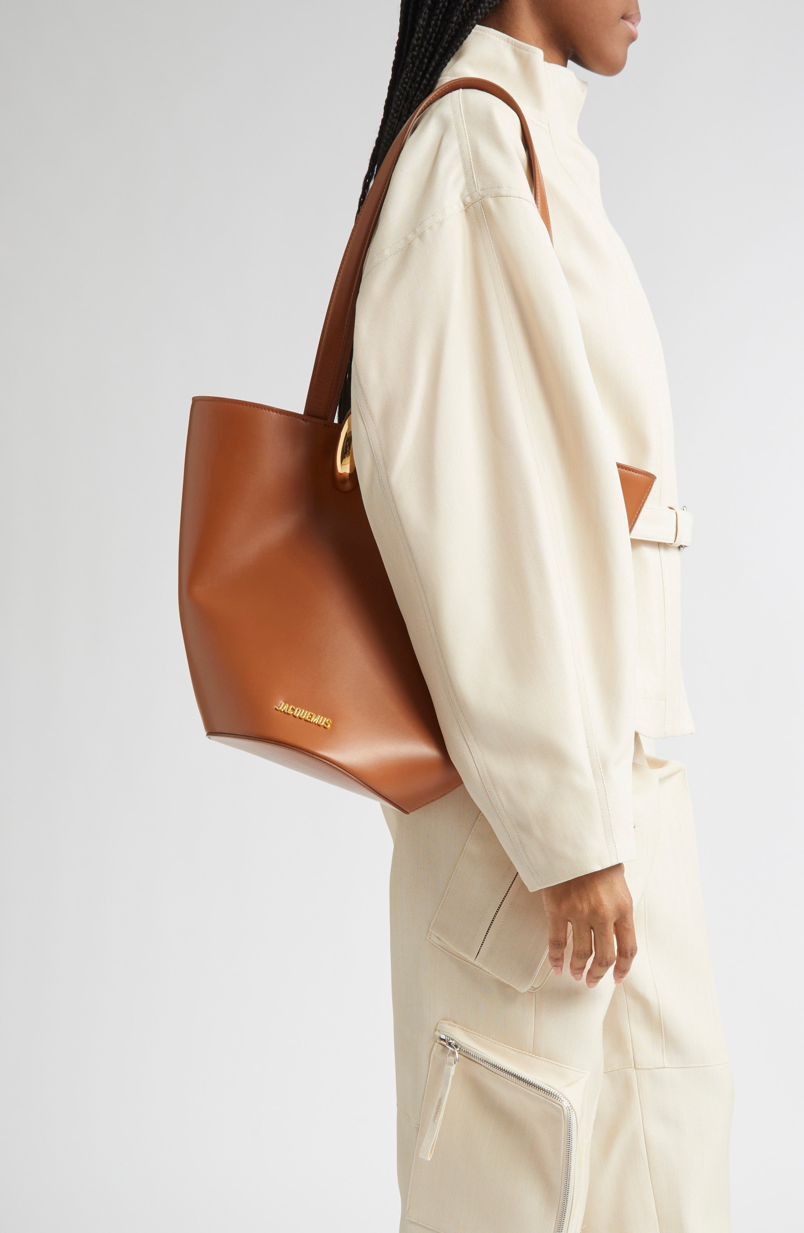 Jacquemus The Medium Bambola Asymmetric Leather Bucket Bag in Light Brown 810 at Nordstrom - 2