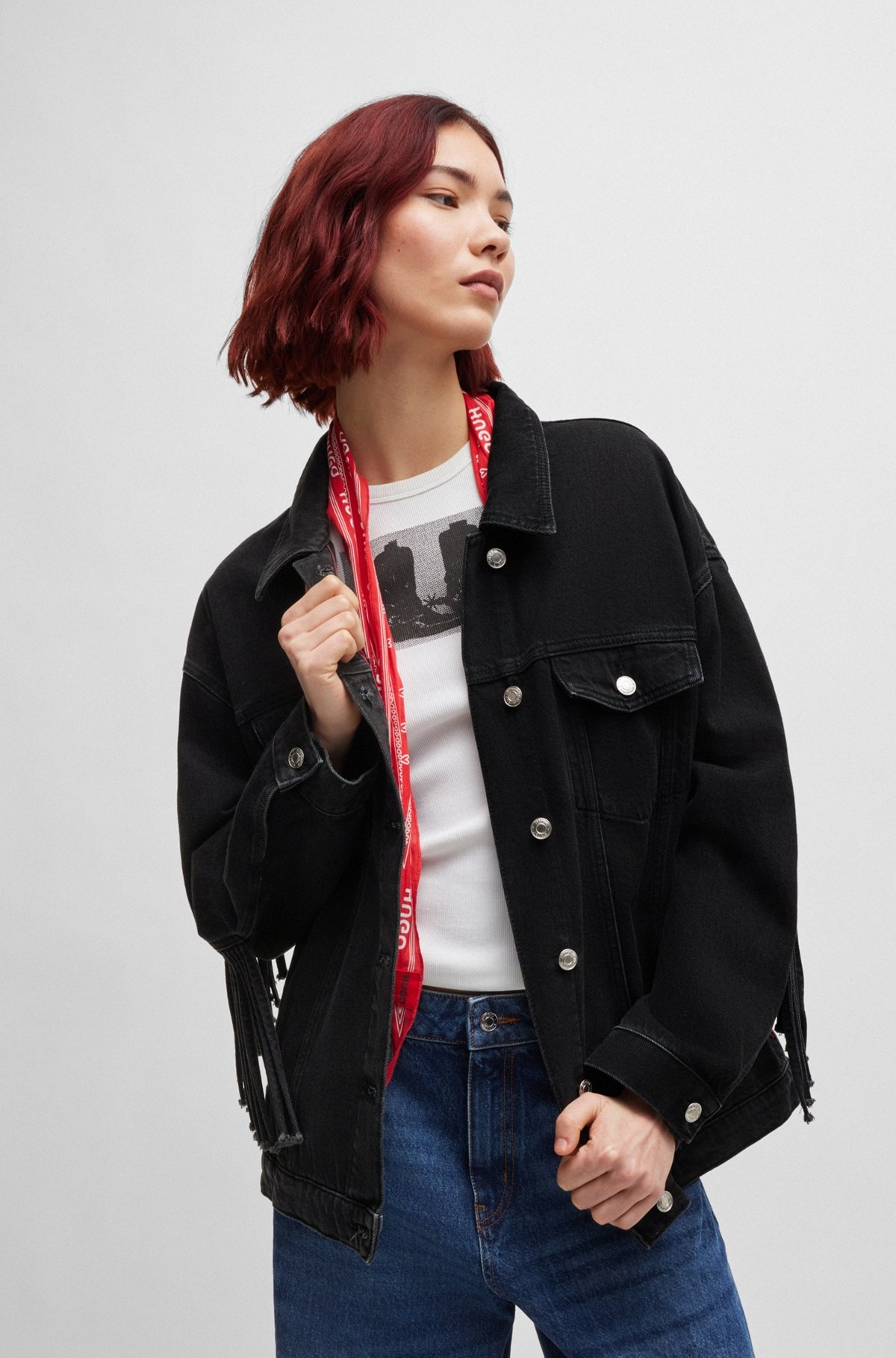 OVERSIZE-FIT JACKET IN BLACK DENIM WITH FRINGING - 2