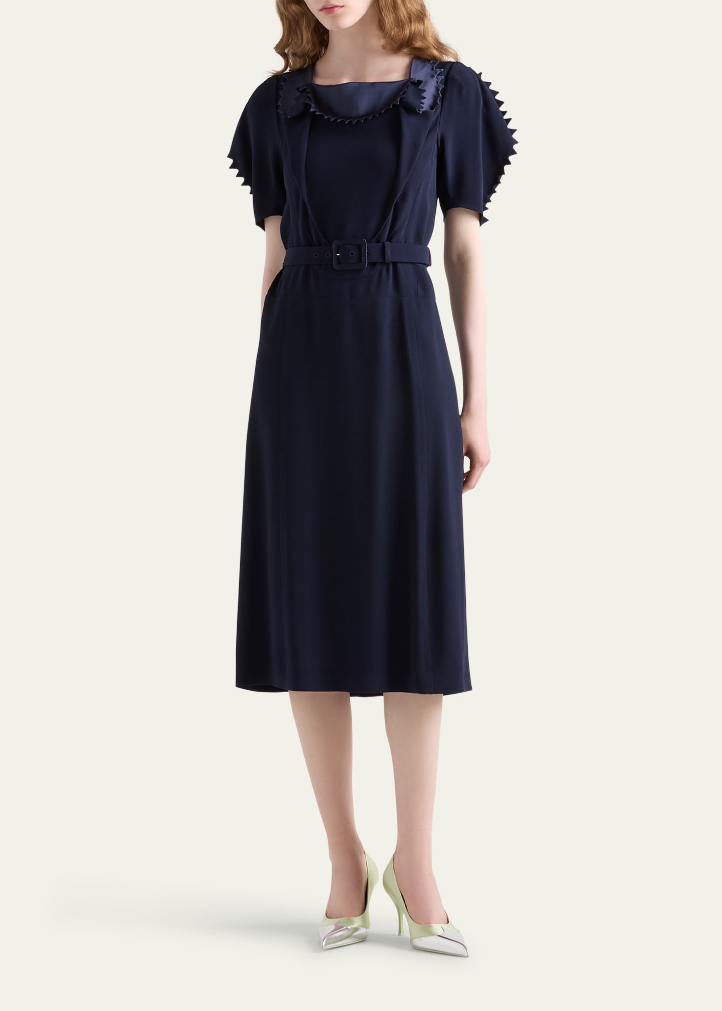 Puffy-Sleeve Belted Crepe De Chine Midi Dress - 2