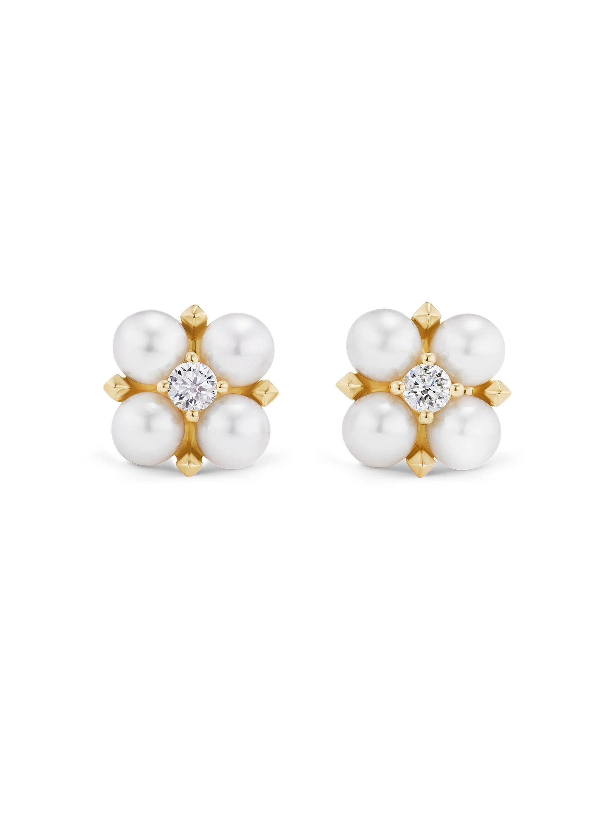 Women's Petite Modern Renaissance Pearl Stud Earrings in 18K Yellow Gold with Diamonds, 7.8MM - Akoy - 1