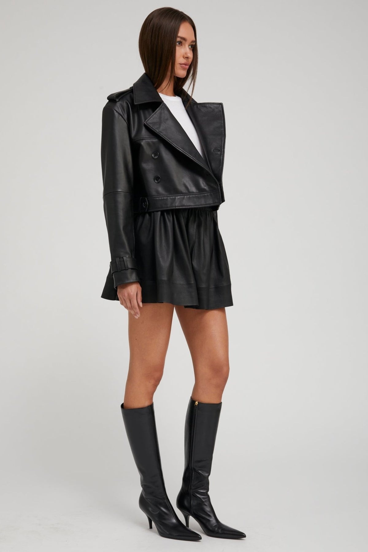 BLACK LEATHER CROPPED TRENCH - 2