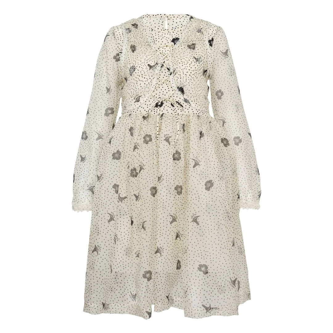 Silk Print Long Sleeve Dress - 1