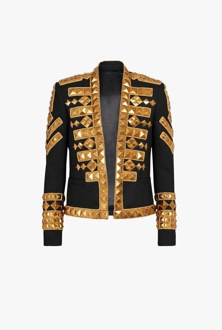 Black wool spencer jacket with gold-tone studded embroidery - 1