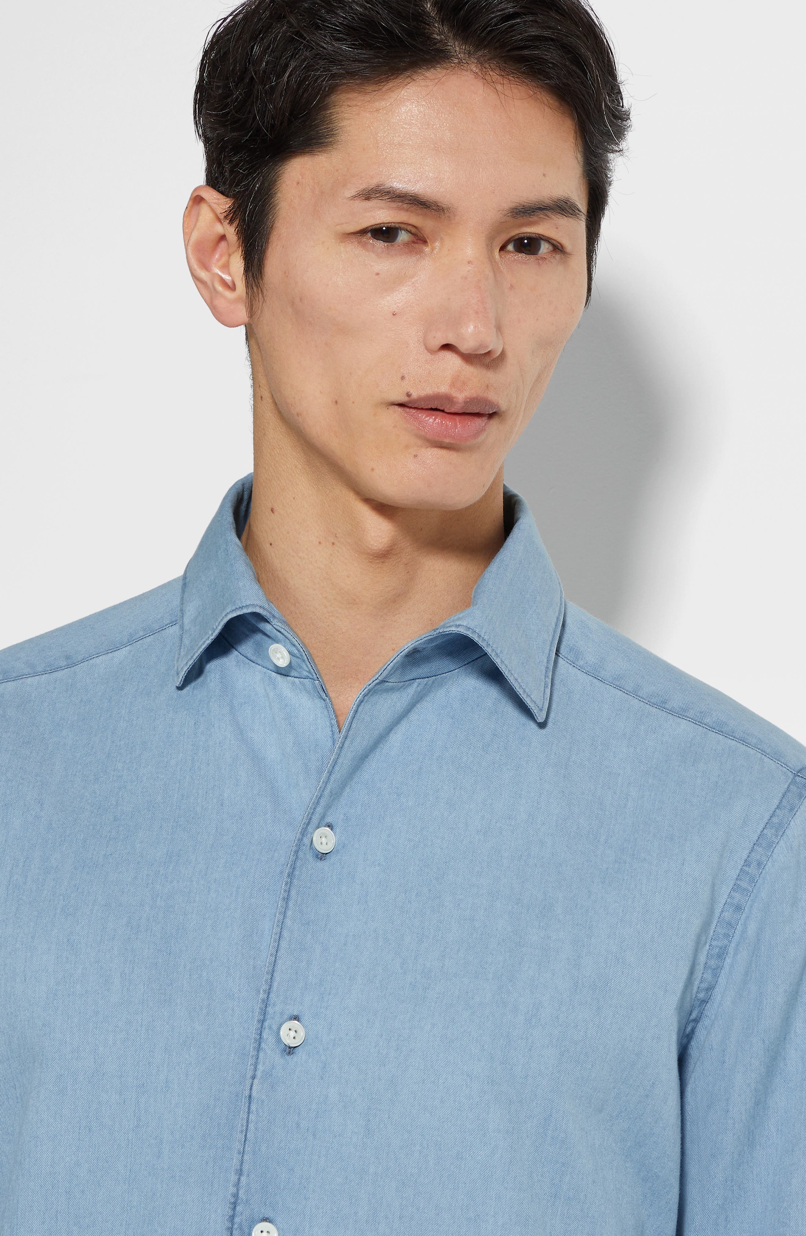 ZEGNA Cashco Cotton & Cashmere Denim Button-Up Shirt in Ghiaccio at Nordstrom - 3