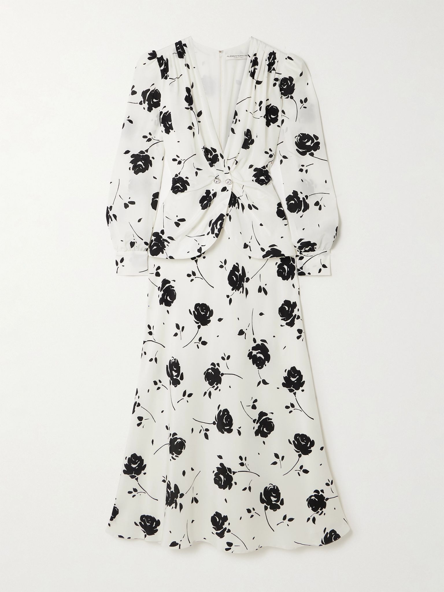 Embellished pleated floral-print silk crepe de chine midi dress White - 1