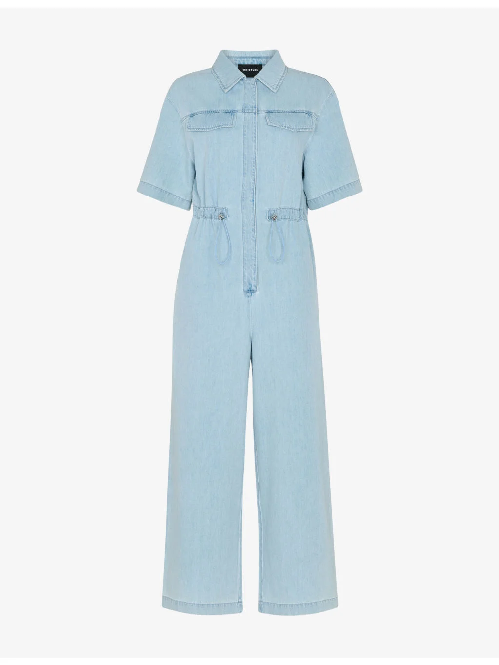 Drawstring-Waist Short-Sleeve Denim Jumpsuit - 1