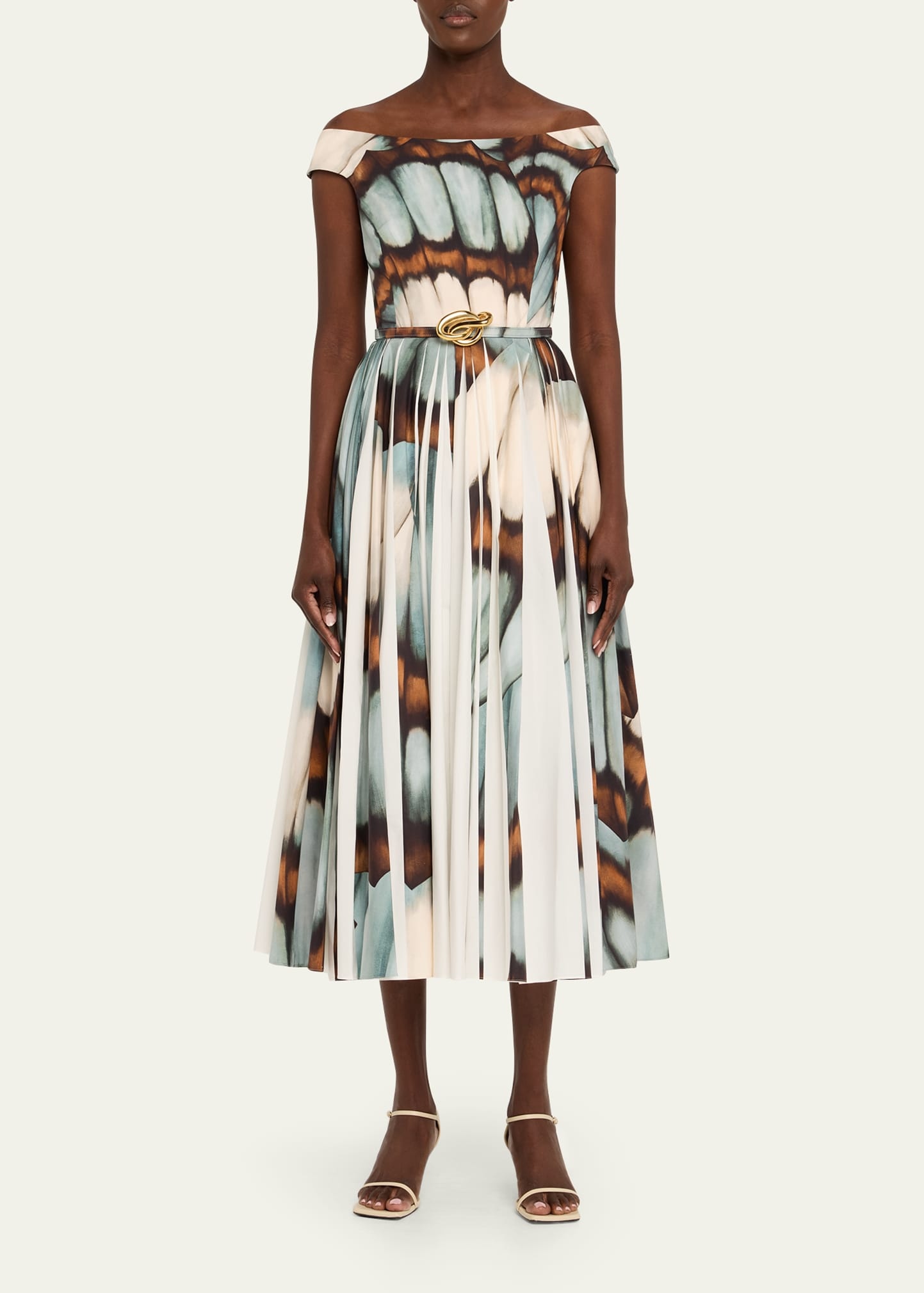 Off-The-Shoulder Butterfly Poplin Pleated Midi Dress With Belt - 2