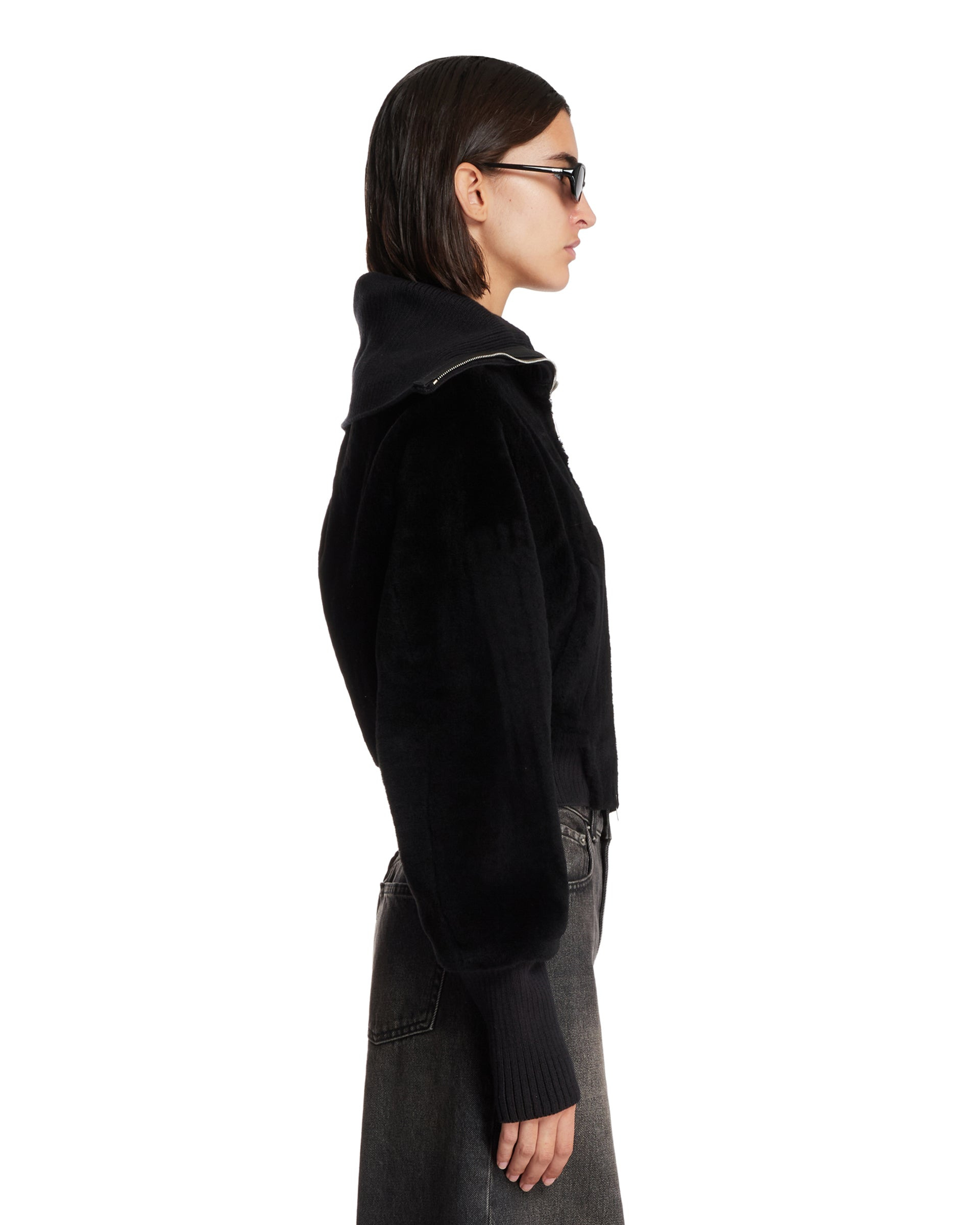 Black Shearling Bomber Jacket - 5