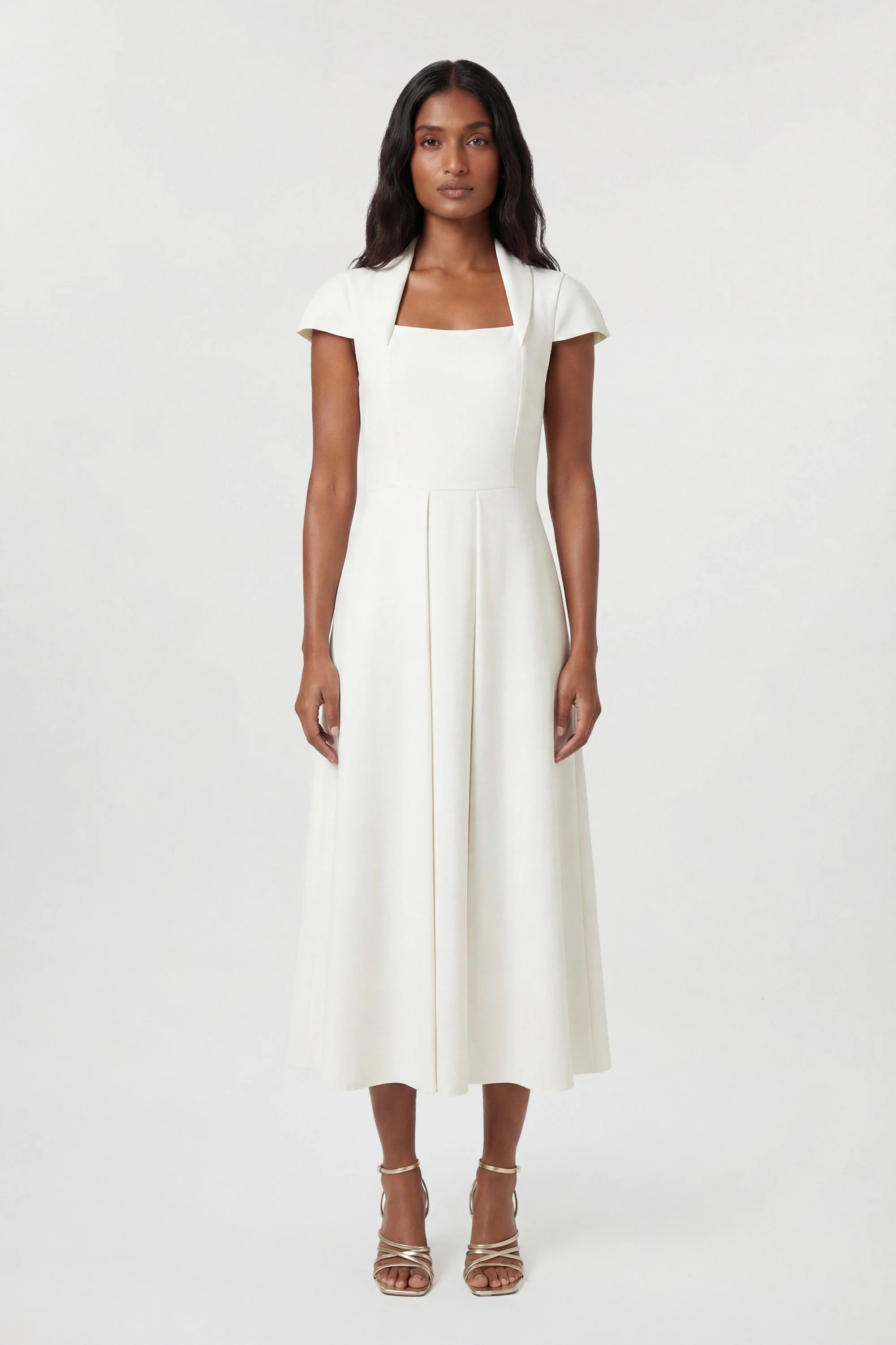 Compact Stretch Tailored Square Neck Full Skirted Midi Dress - 1