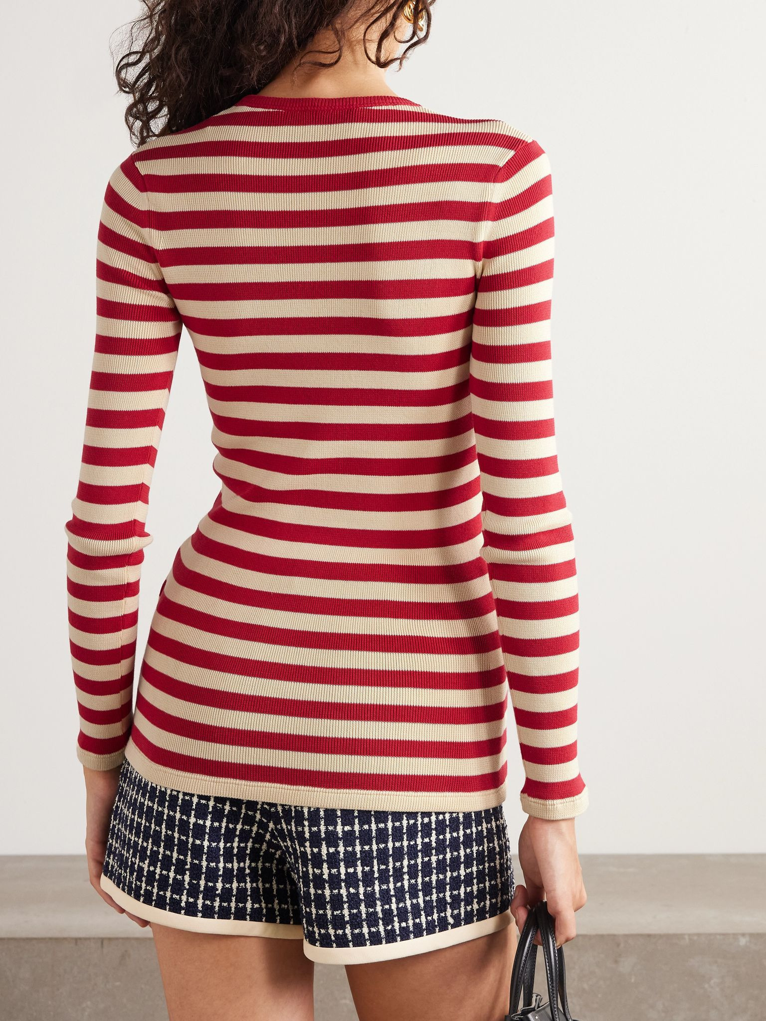 Embroidered striped ribbed-knit cotton sweater Red - 4