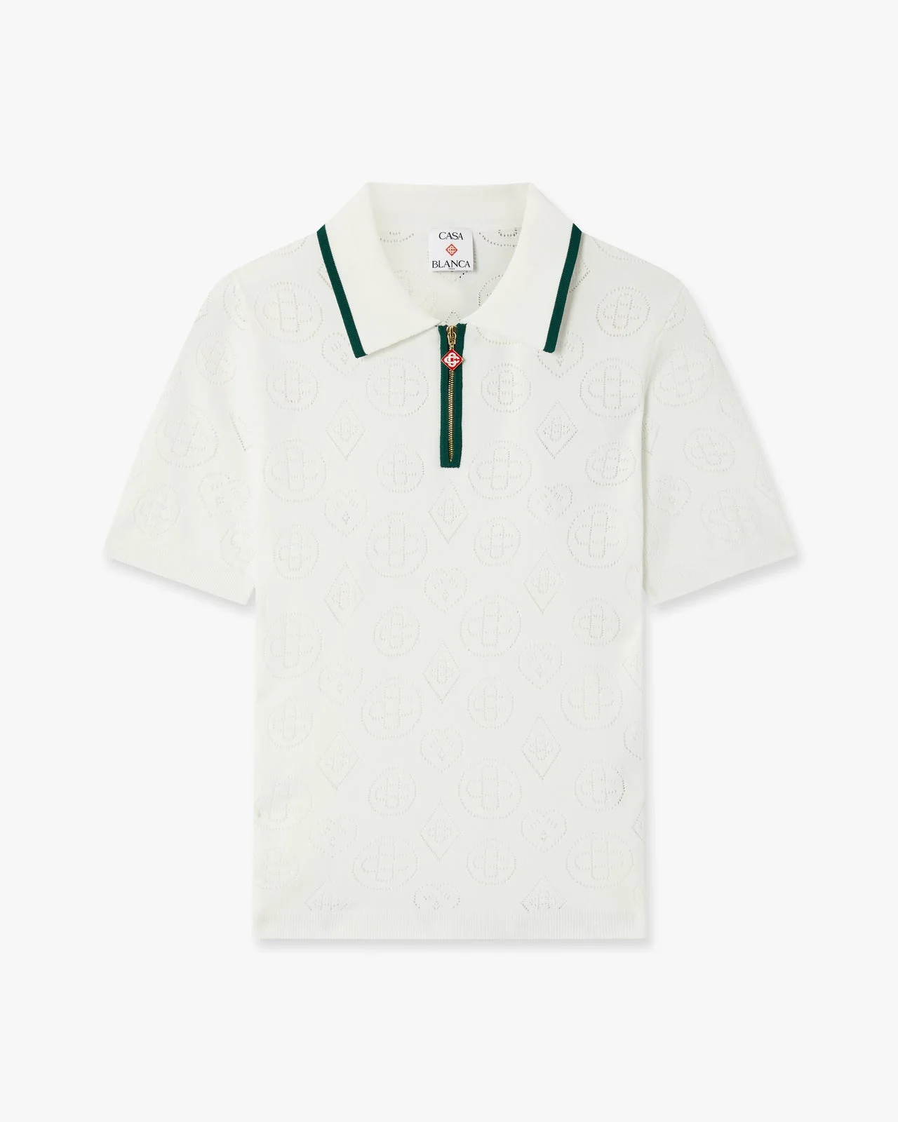 White Pointelle Monogram Short Sleeve Cropped Polo Shirt - 1