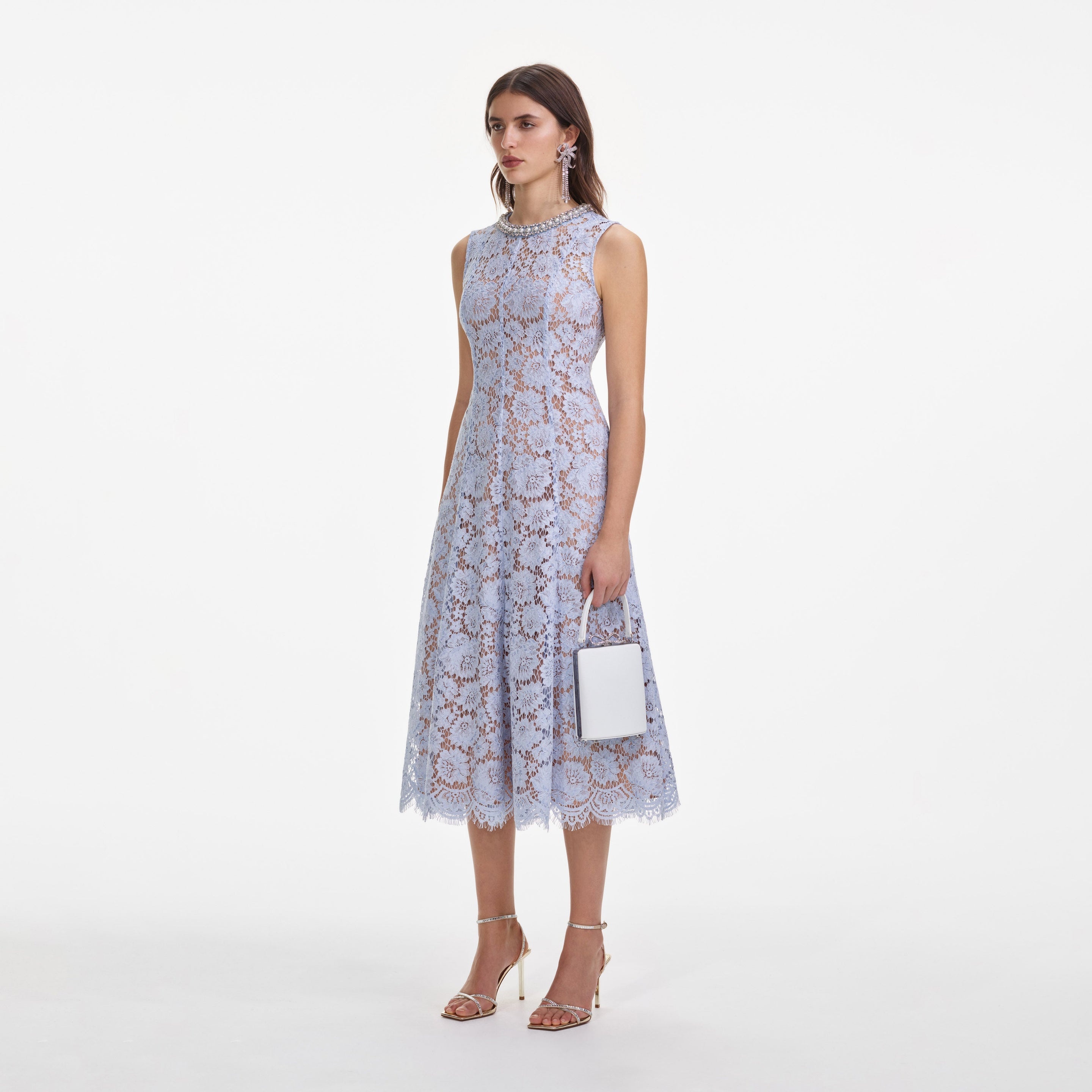 Blue Fine Lace Pearl Midi Dress - 2