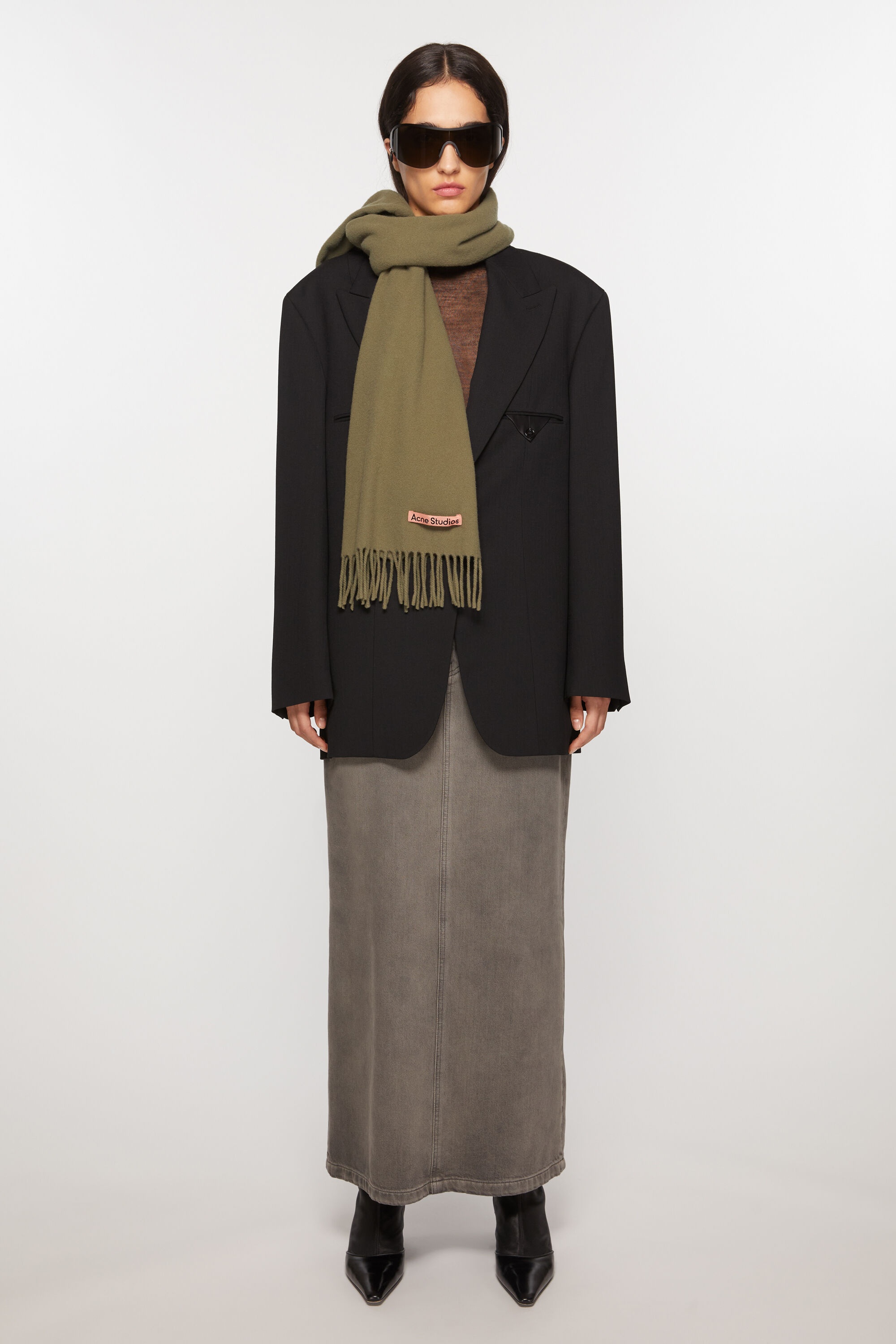Fringe wool scarf - skinny - Khaki green - 2
