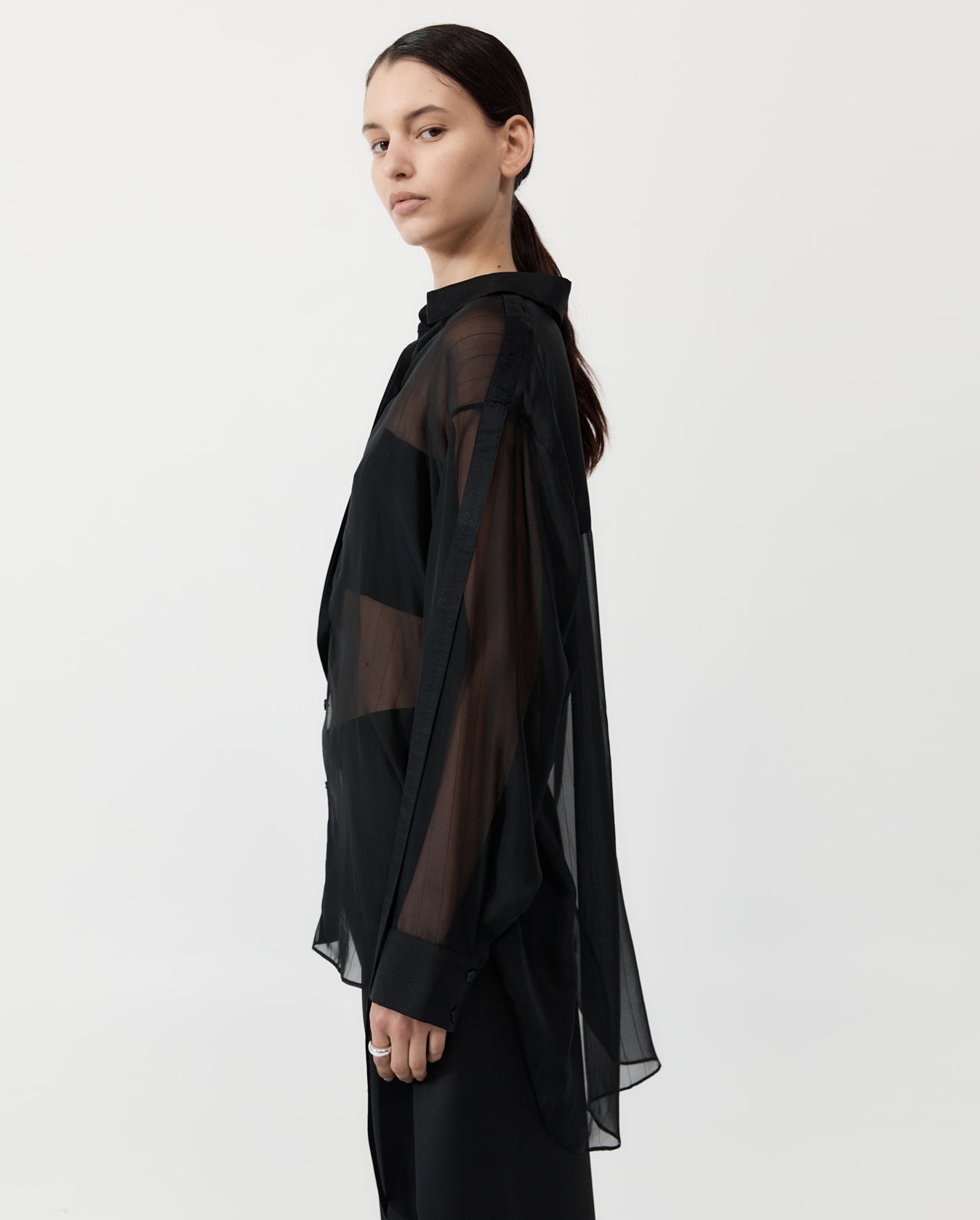 Pinstripe Silk Shirt - Black - 3