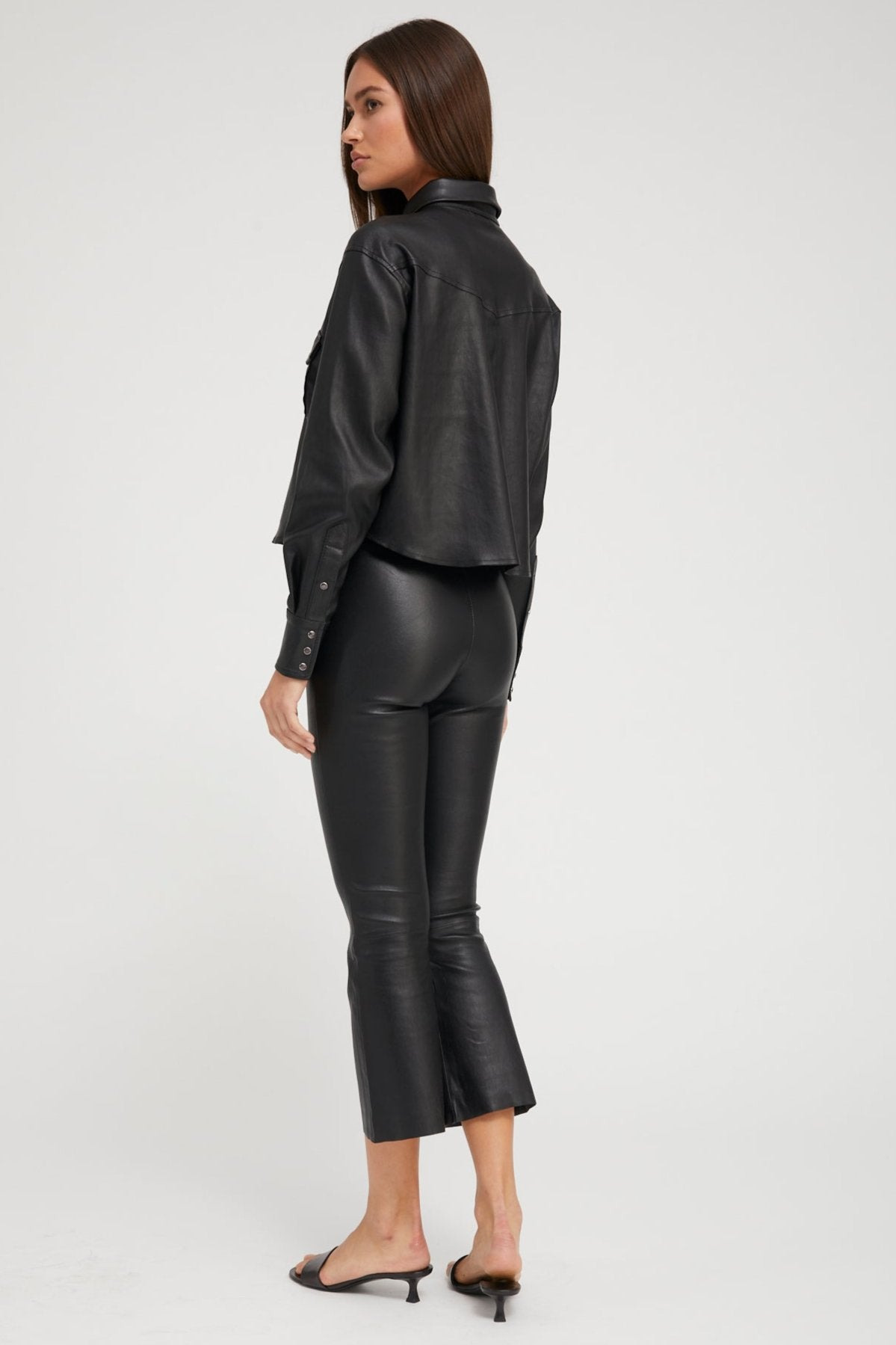 BLACK LEATHER CROPPED WESTERN BUTTON DOWN - 5
