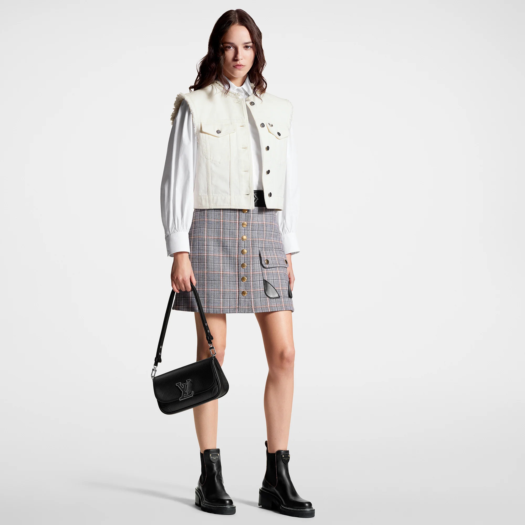 Leather Trim Check Mini Skirt - 4
