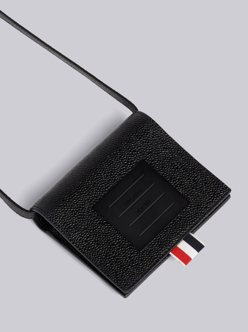Thom Browne Black Pebble Grain Leather Tonal 4-Bar Brass Label Bifold Cardholder With Shoulder Strap outlook