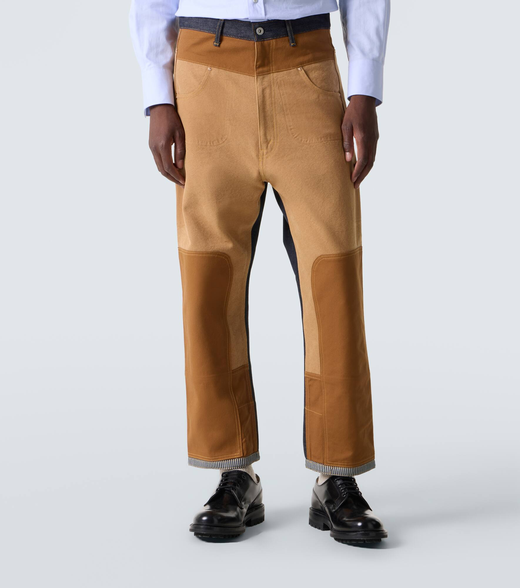 Patchwork denim and suede straight pants - 3