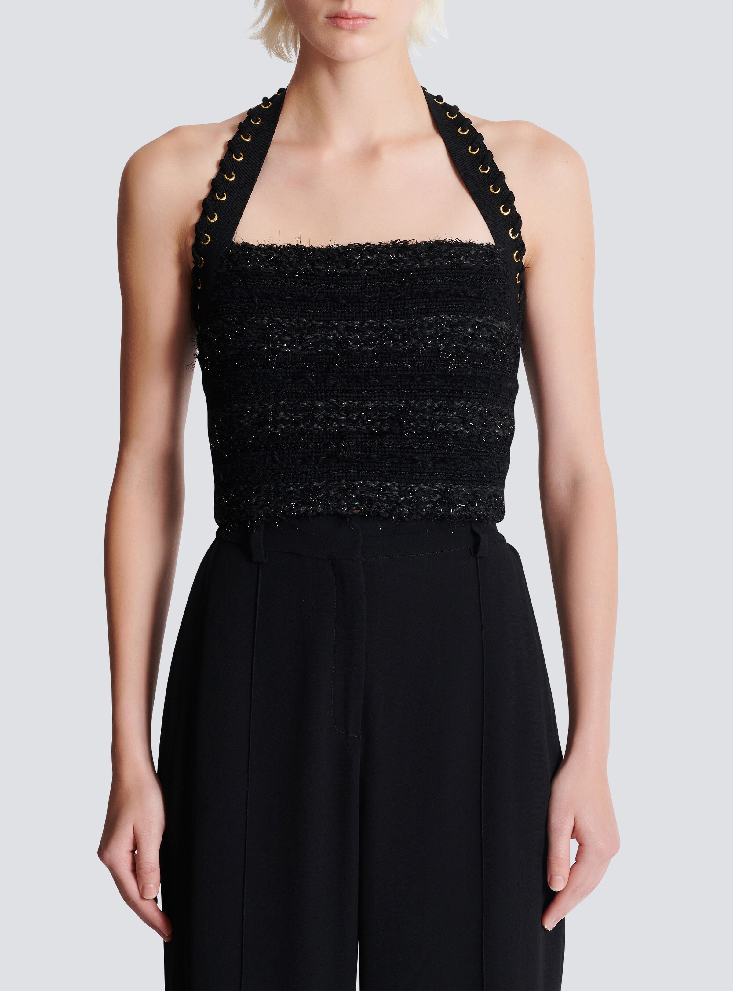 Halterneck top in tweed-effect knit - 5