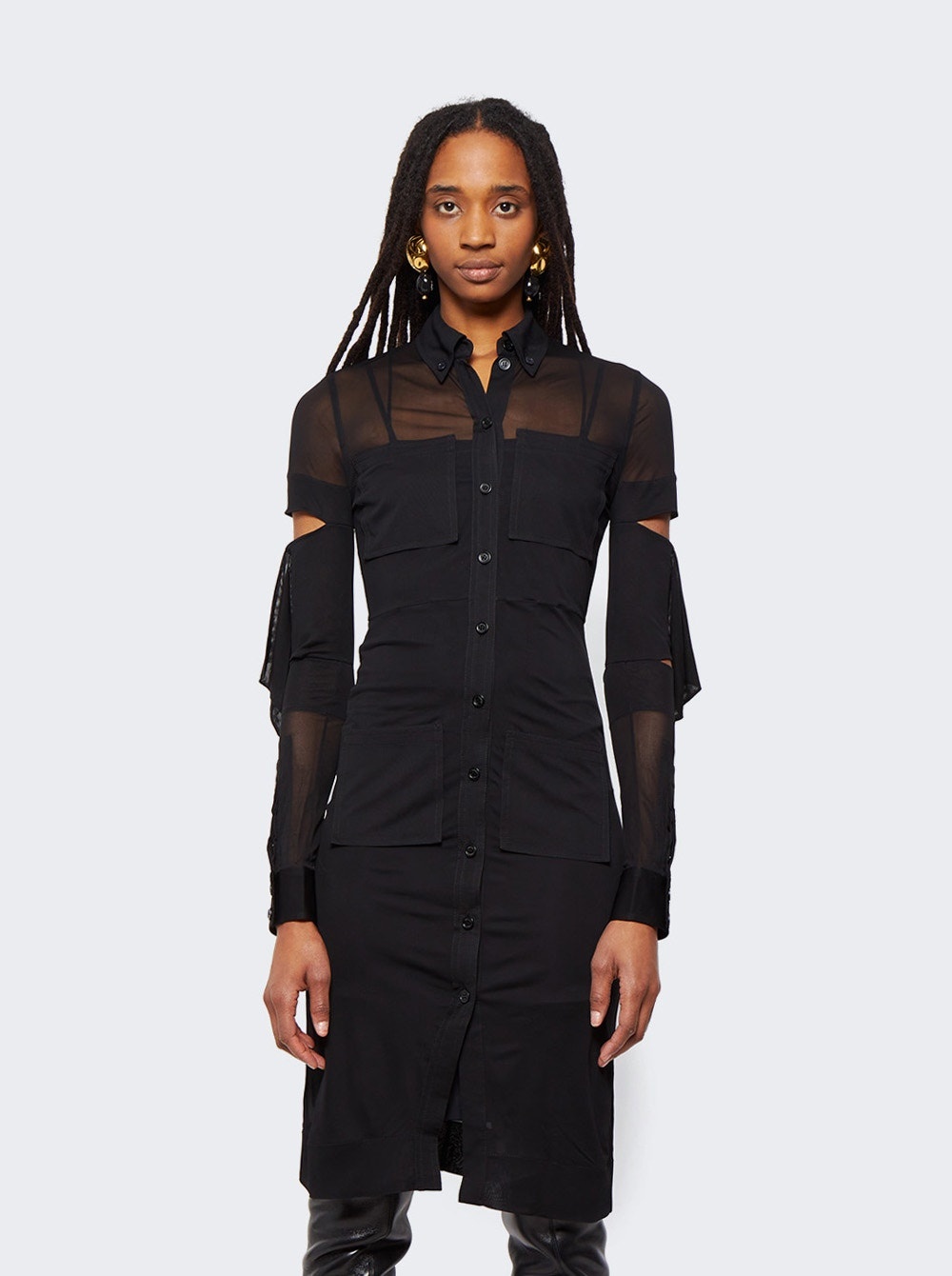 Cut-out Detail Sheer Jersey Shirt Dress Black - 3