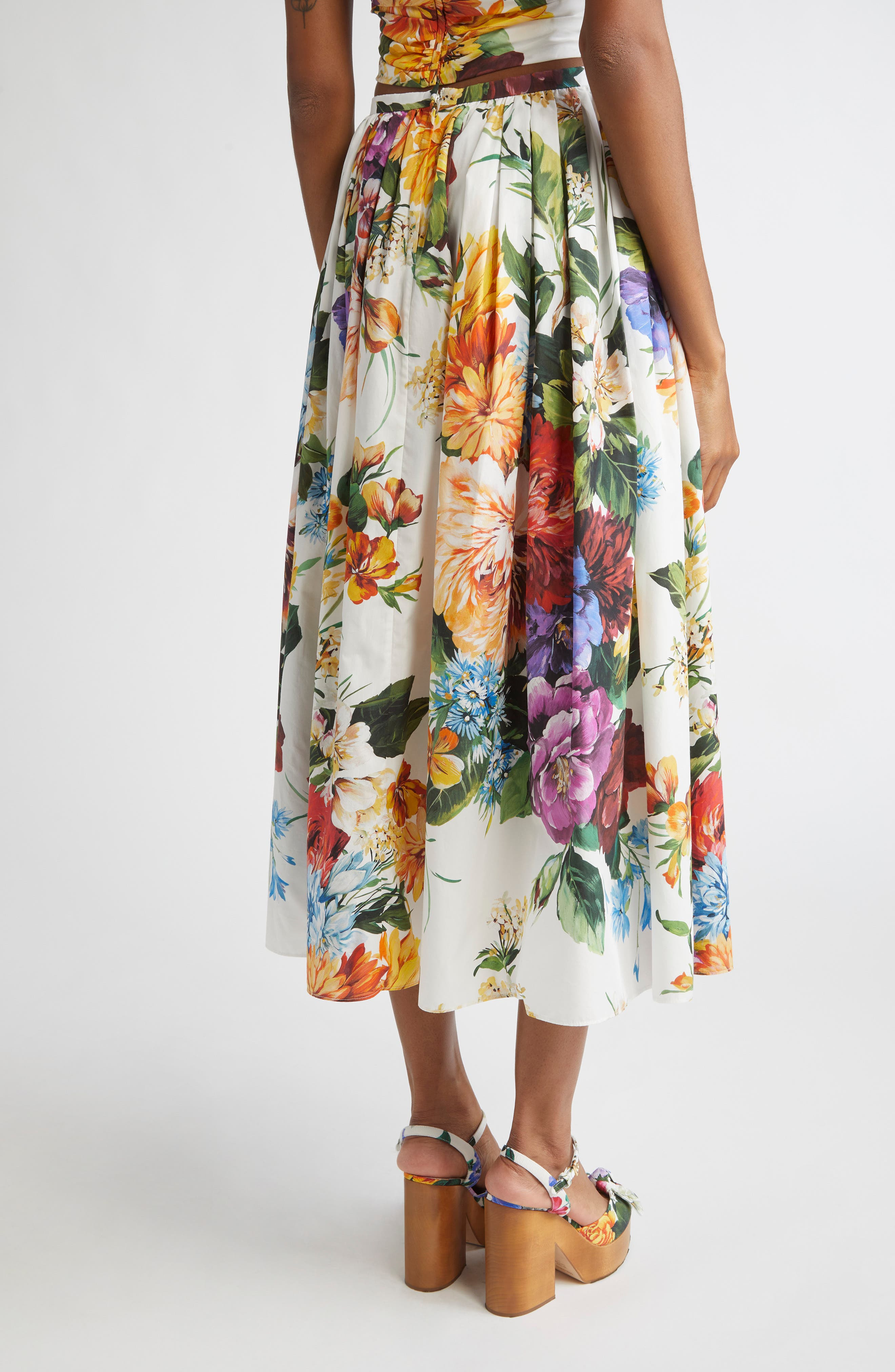 Dolce&Gabbana Floral Print Pleated Cotton Poplin A-Line Midi Skirt in Ha5Pc B.fiori Cret. F.bco at N - 3