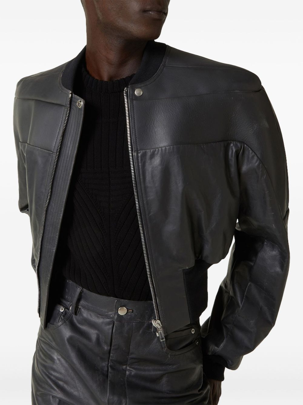 padded-shoulder leather bomber jacket - 3