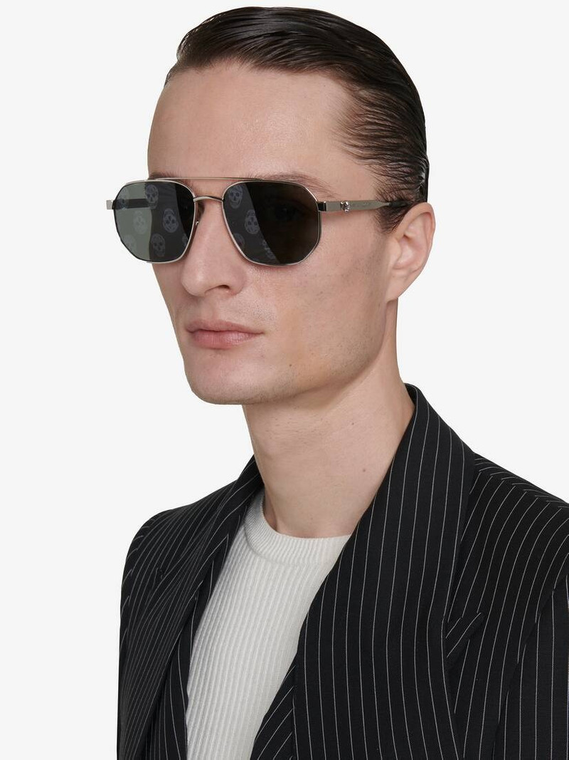 Alexander McQueen Men's Floating Skull Metal Caravan Sunglasses in Silver outlook