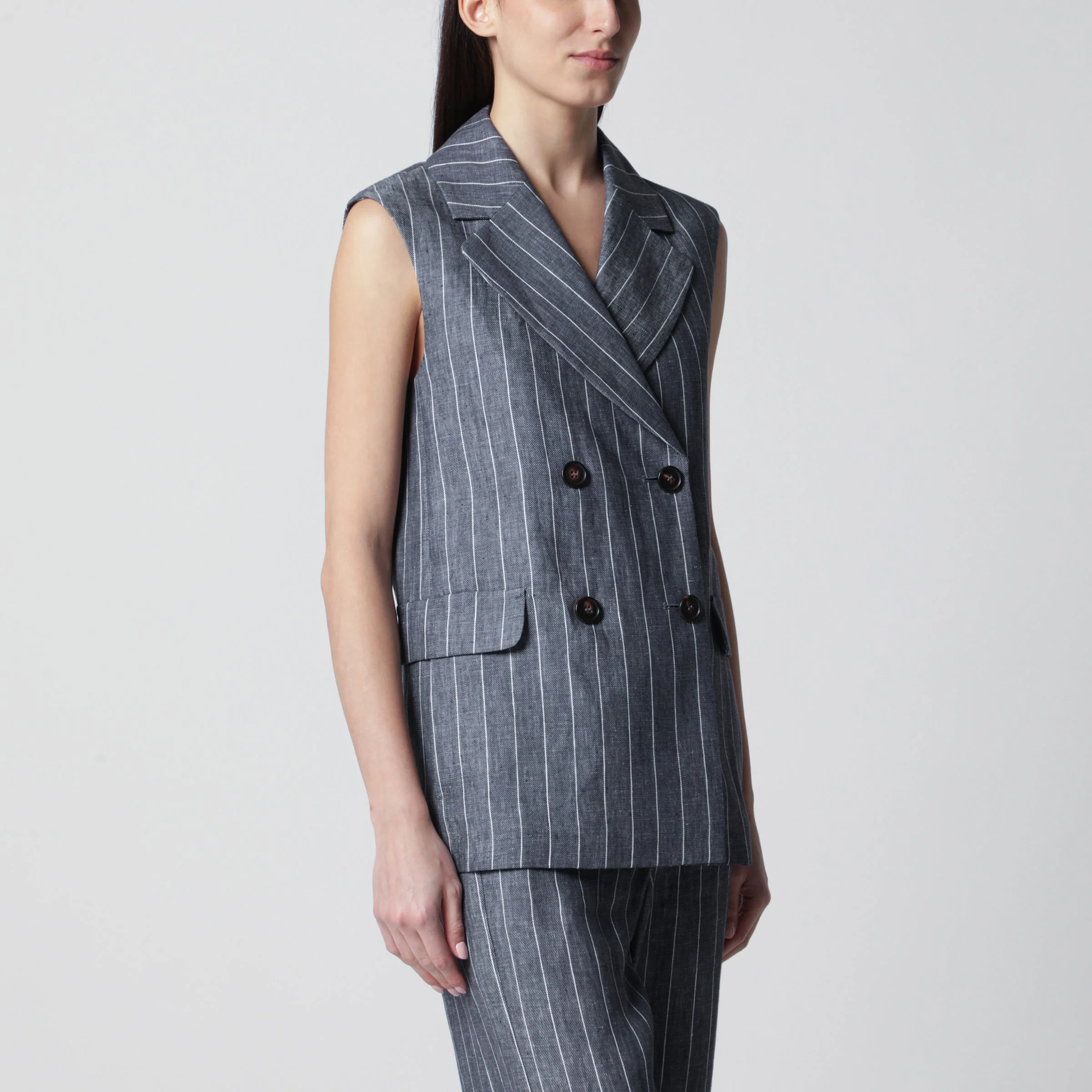 Double-Breasted Pinstripe Linen Vest - 1