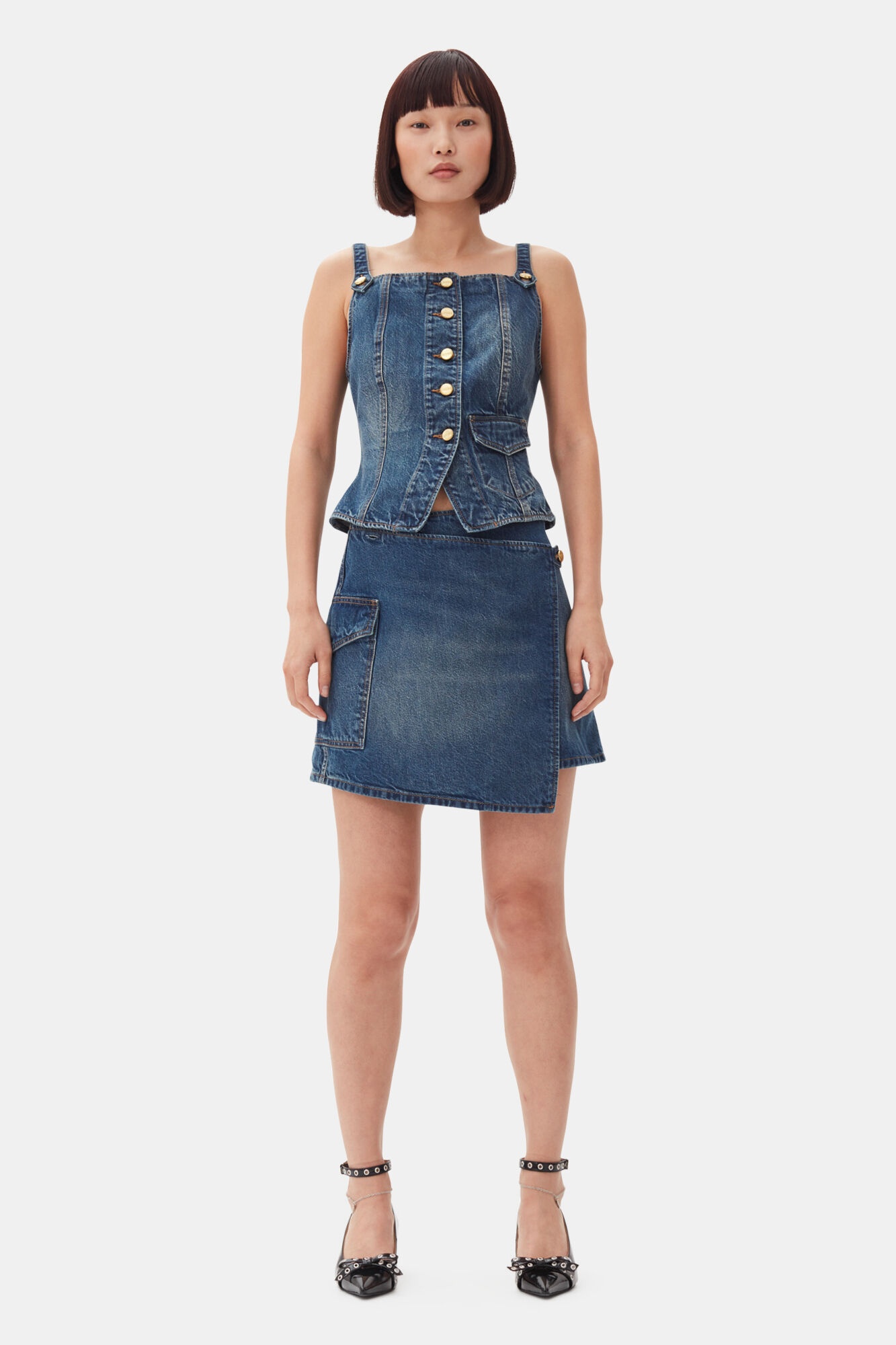 DARK BLUE HEAVY WASHED FLARED SKIRT JEANS - 6