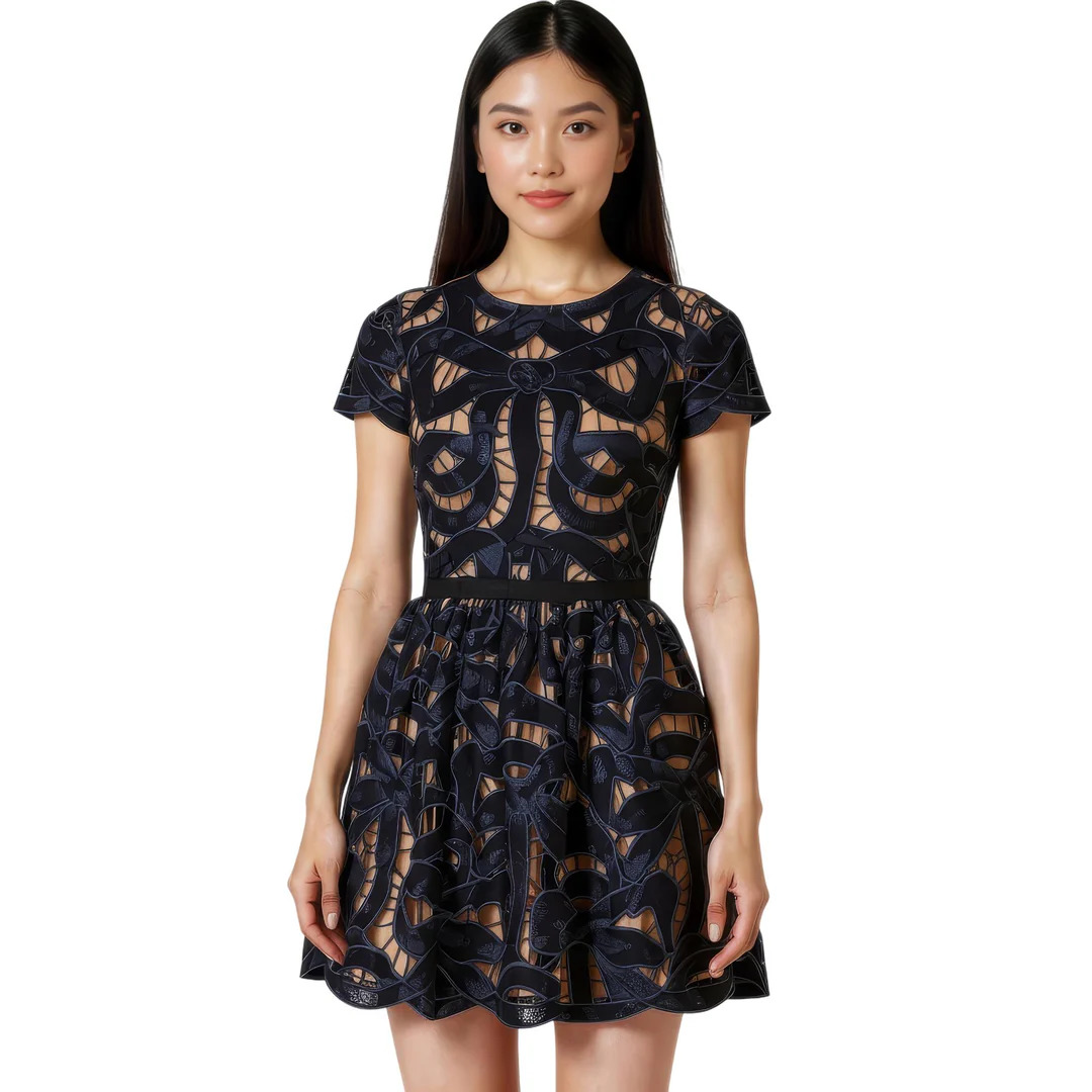 Navy Bow Embroidered Mini Dress - 2