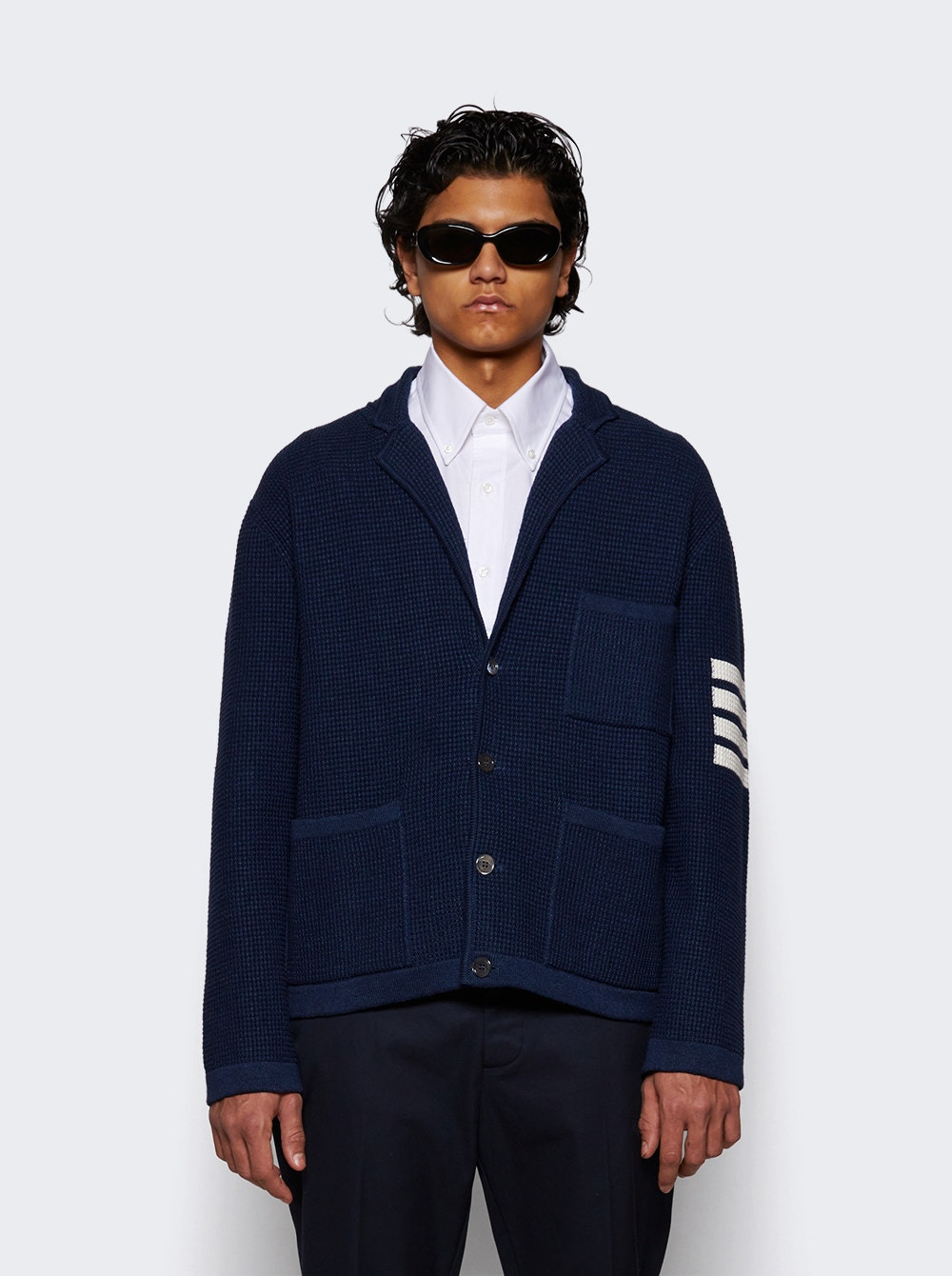 Linen Cotton 4-bar Cardigan Dark Blue - 3