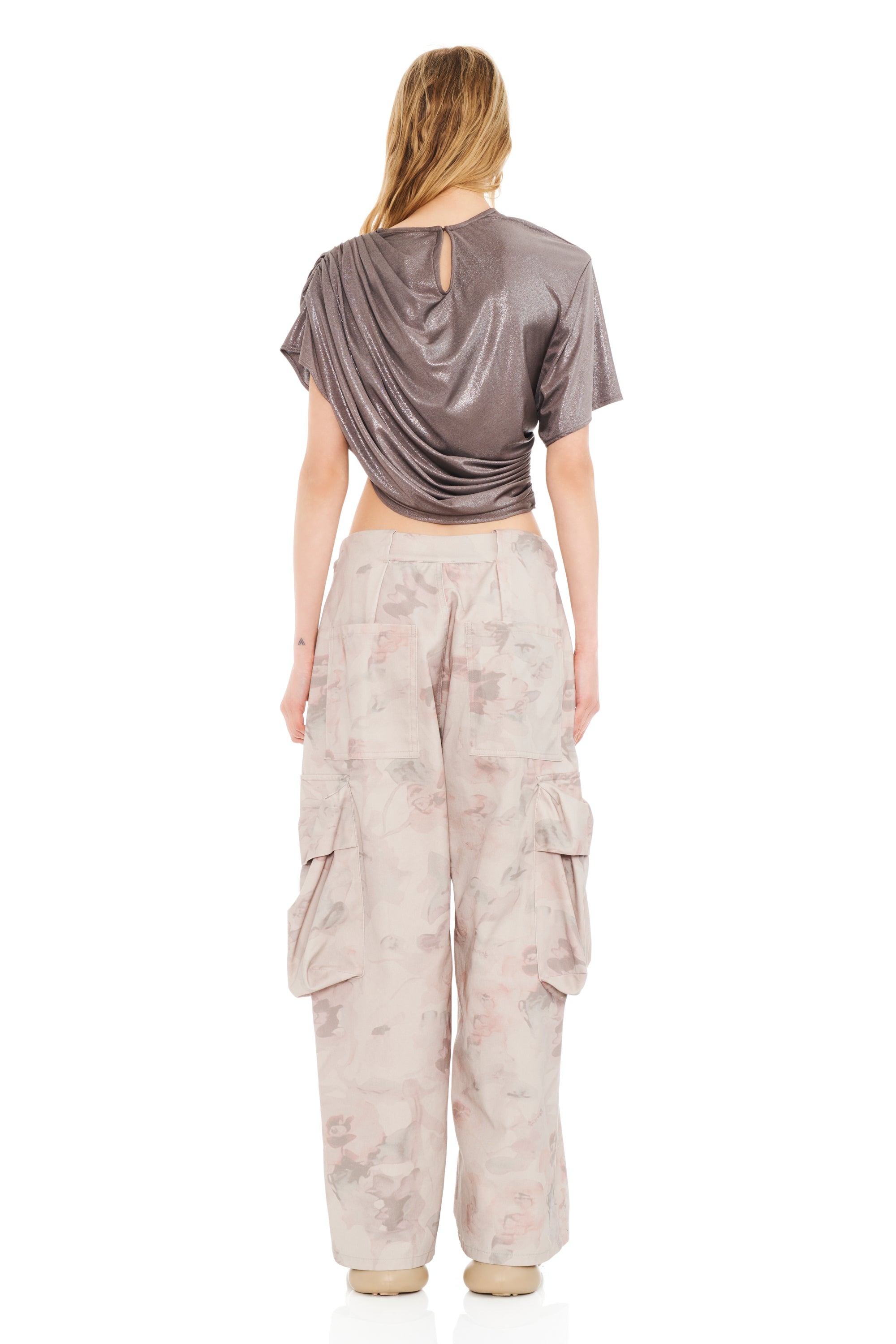 WASHED BEIGE WATERCOLOR ROSES PLEATED CARGO PANT - 10