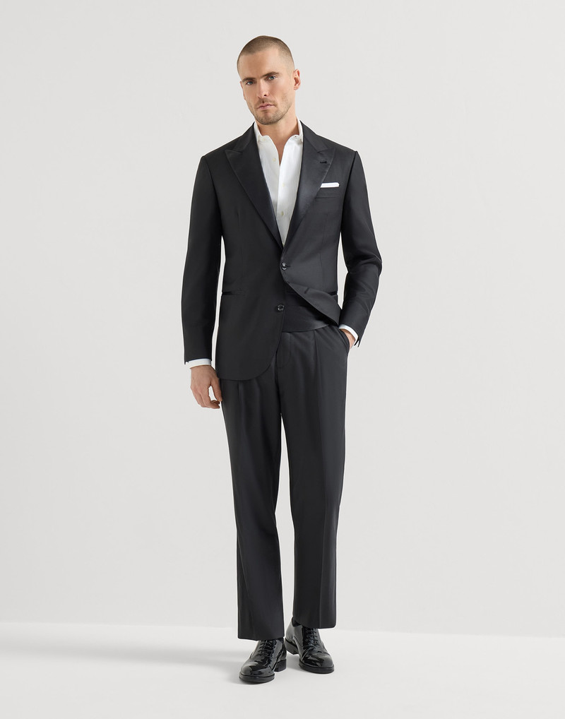 Lightweight virgin wool and silk twill tuxedo with peak lapel jacket and and trousers with pleat 2