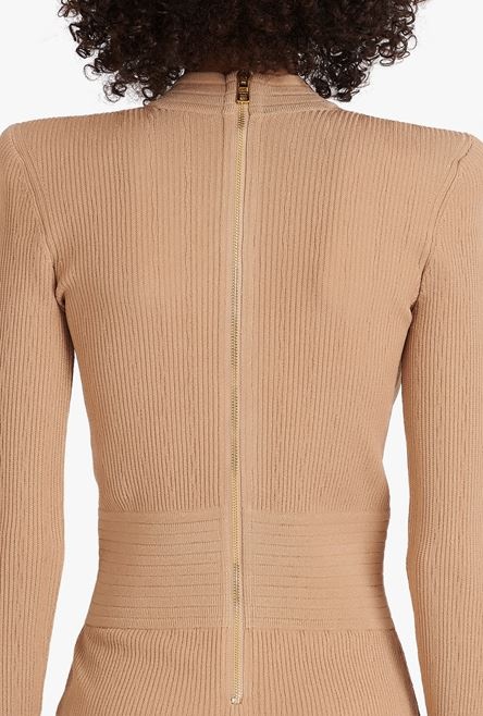 Short sand-colored eco-designed knit dress with gold-tone buttons - 9