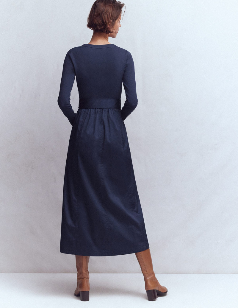 Long Sleeve Mix Media Dress-Navy 4